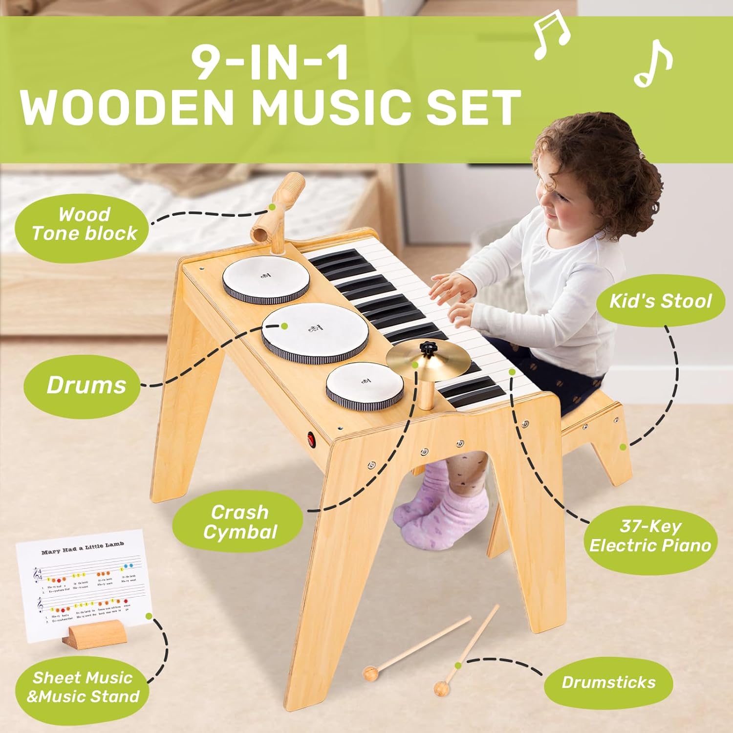 Kids Piano Keyboard, 37 Keys with Drum Set, 9 in 1 Instrument, 3+ Years Old