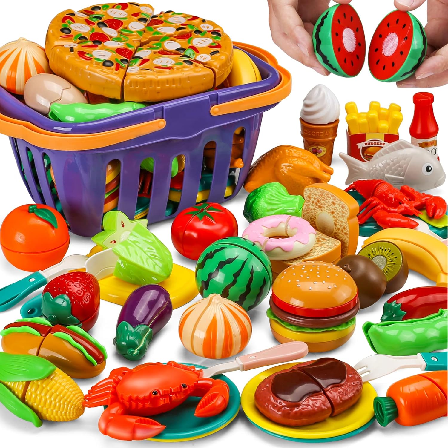 42 pcs 87 pcs Cutting Toys Food Toys Kids Kitchen Set,Pretend Cooking Fruits and Vegetables and Fast Food with Storage Basket,Toddler and Baby Fake Food,Girls Boys Children Birthday Educational Gifts