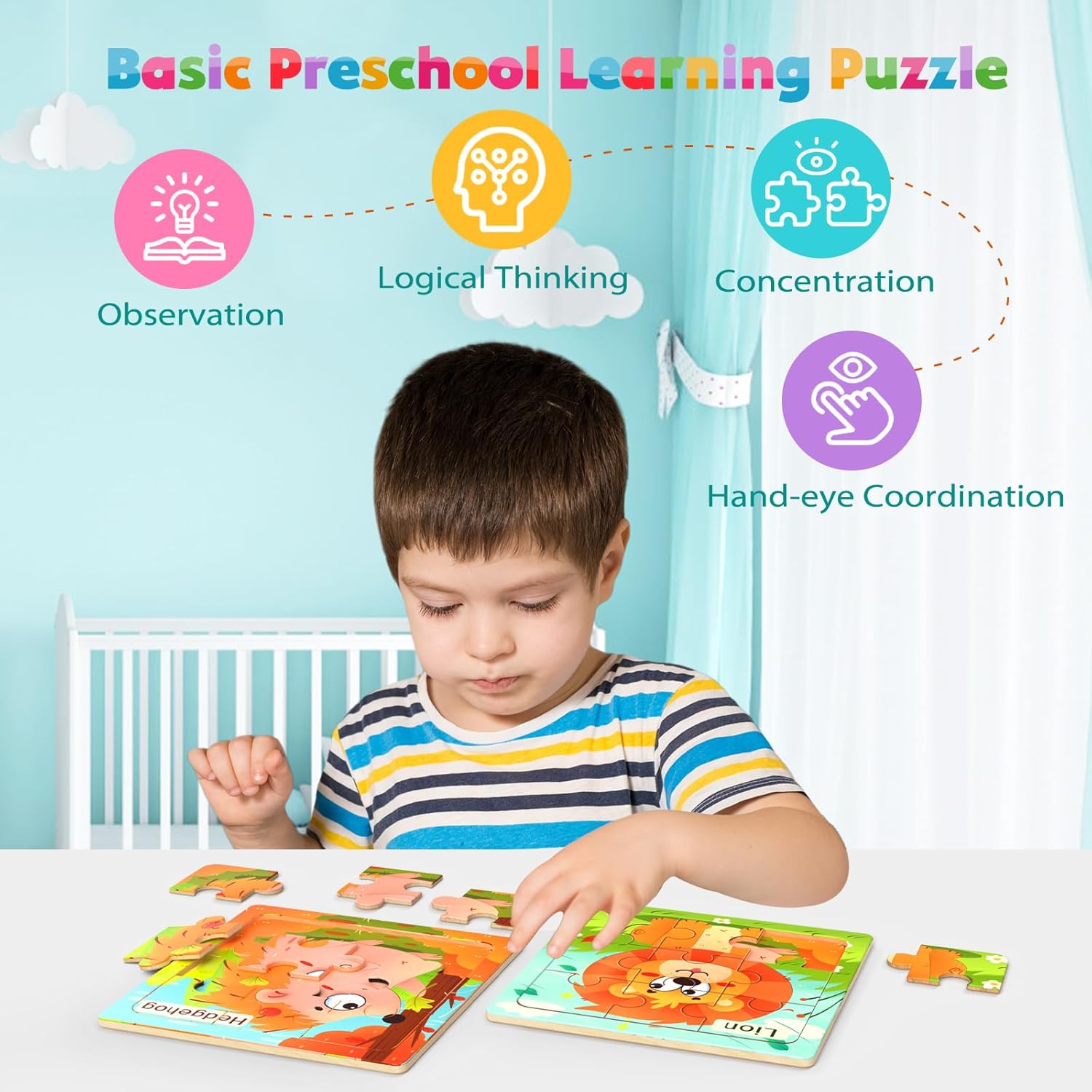 Toddler Wooden Puzzles, 8 Pack Animal Puzzle, 9 Pack Learning Activities
