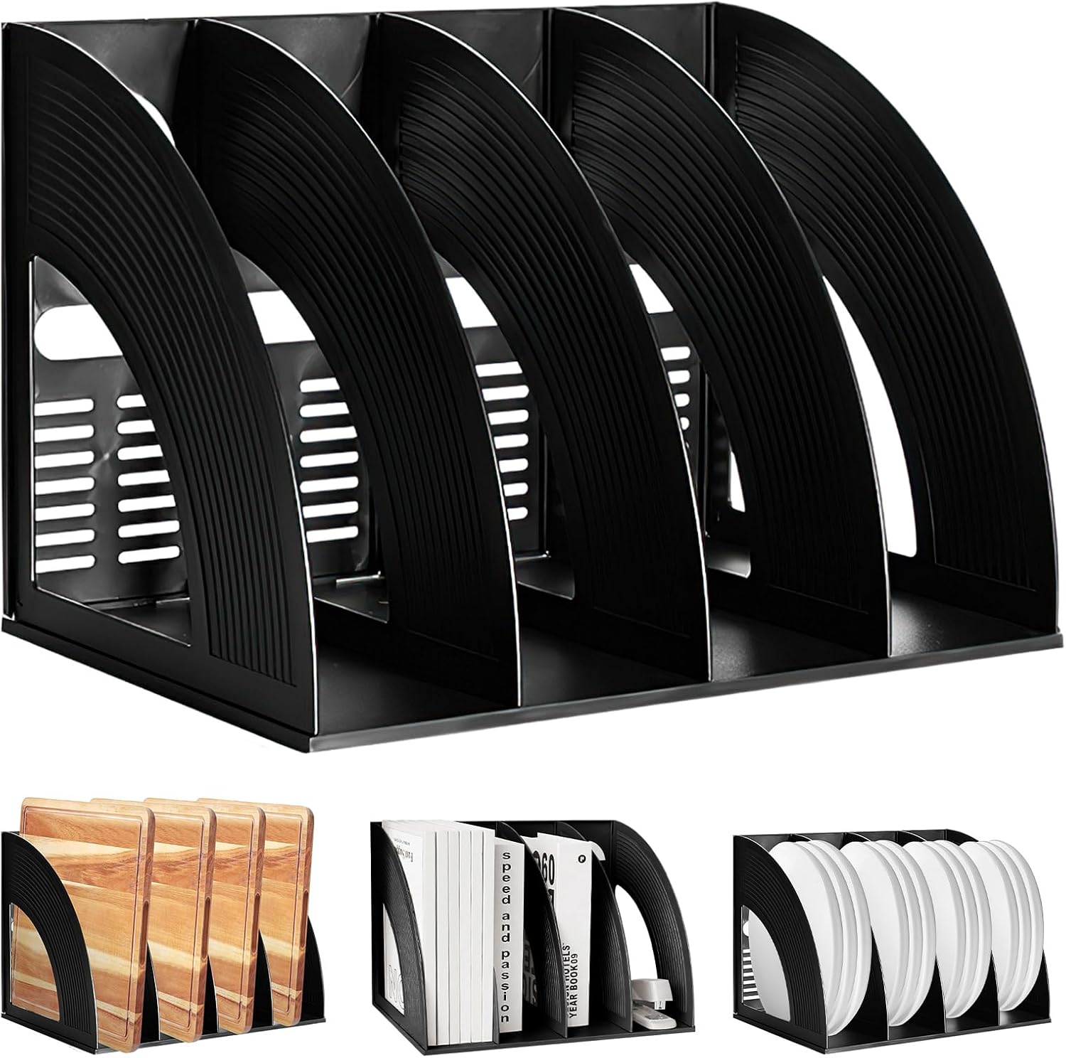 File Folder 4 Compartment Vertical Desktop Hollow Organizer Black File Holder Thickened Plastic Paper Notebook Magazine Bookstore Suitable for Office School Supplier Student