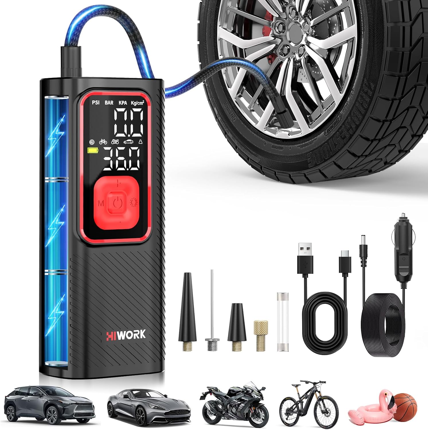 150 PSI 6000 mAh Tire Pump, Power Bank & SOS Light