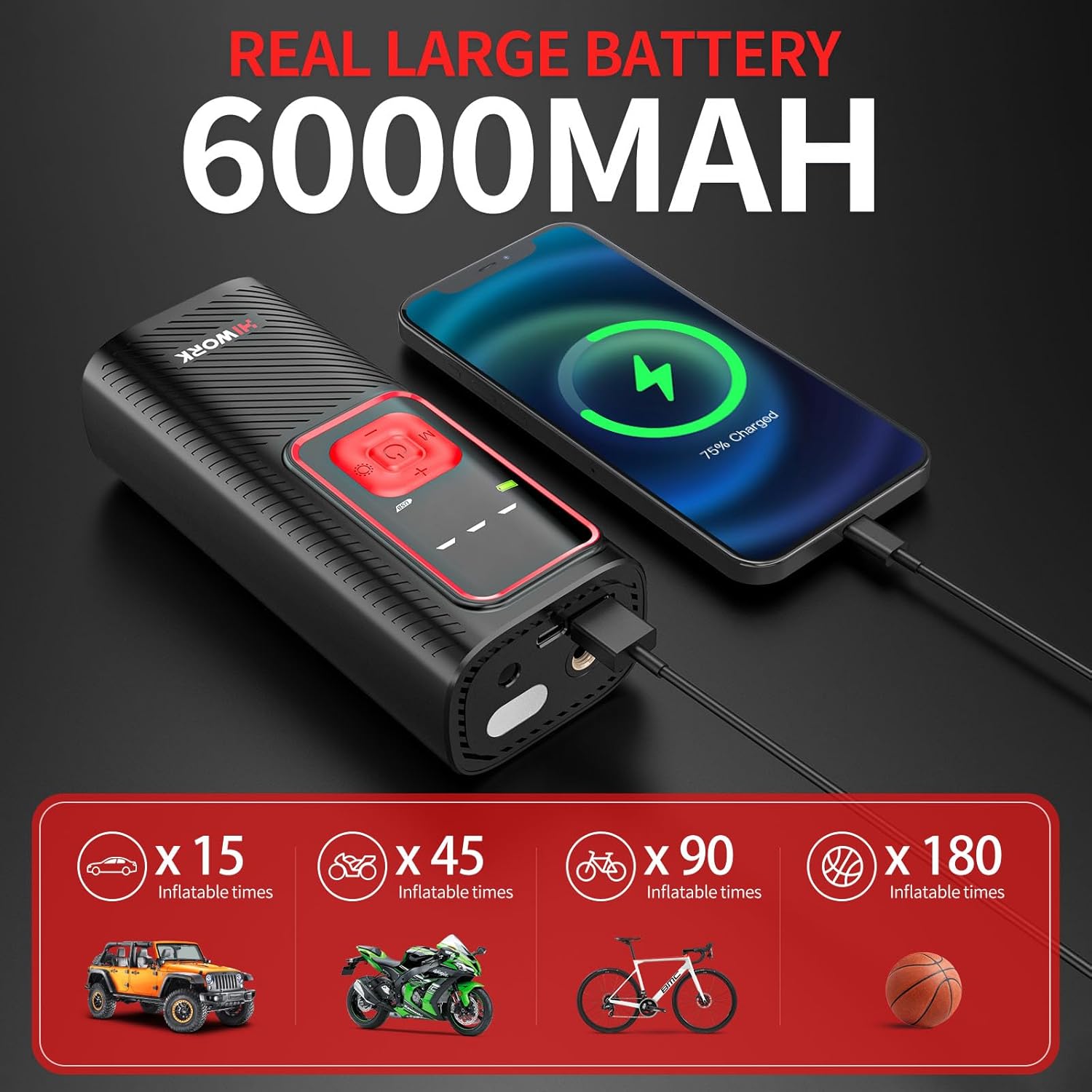 150 PSI 6000 mAh Tire Pump, Power Bank & SOS Light