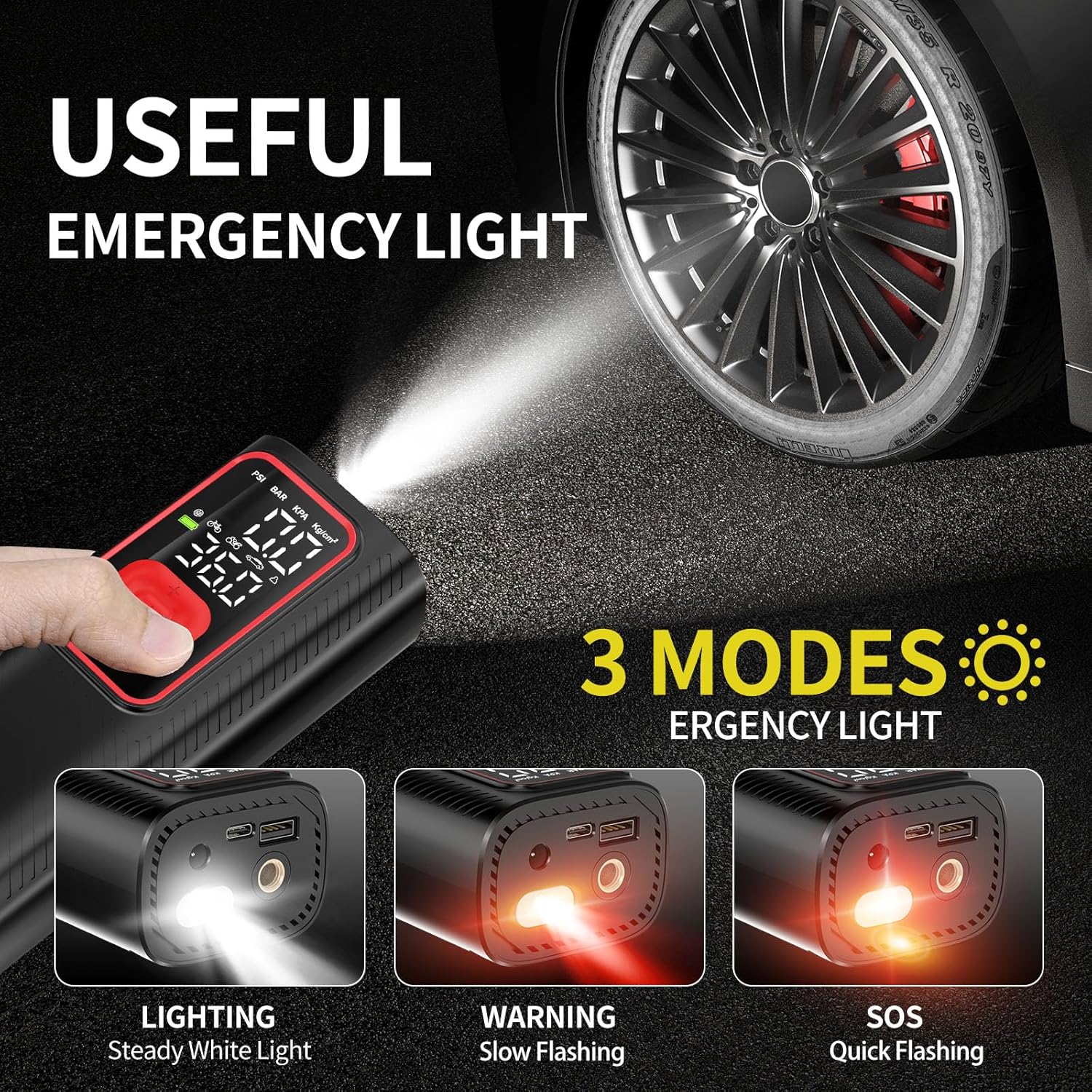 150 PSI 6000 mAh Tire Pump, Power Bank & SOS Light