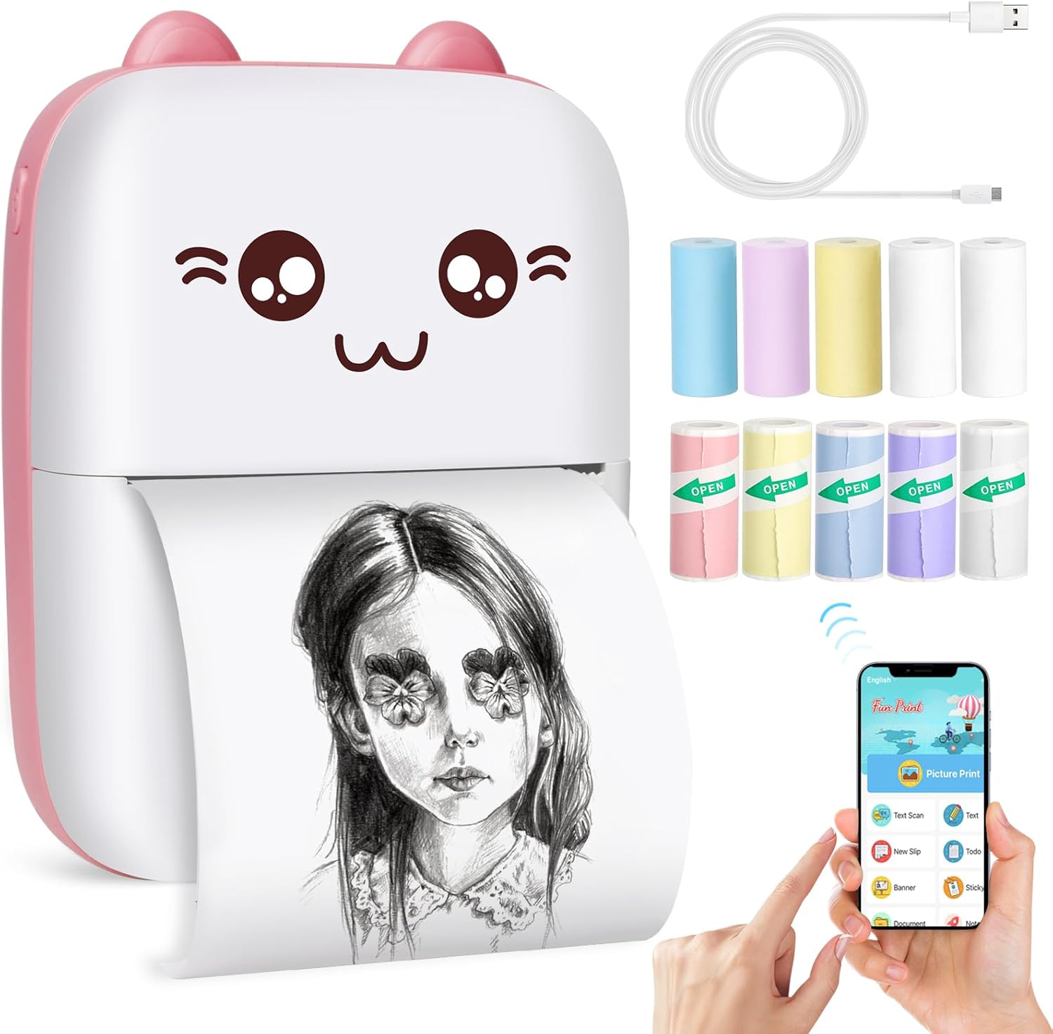 Bakoor Mini Pocket Printer, Portable Thermal Printer, 10 Roll Sticker Printer, Mini Printer for Study Notes, Journals, Memo, Label Printer Compatible with Android and iOS