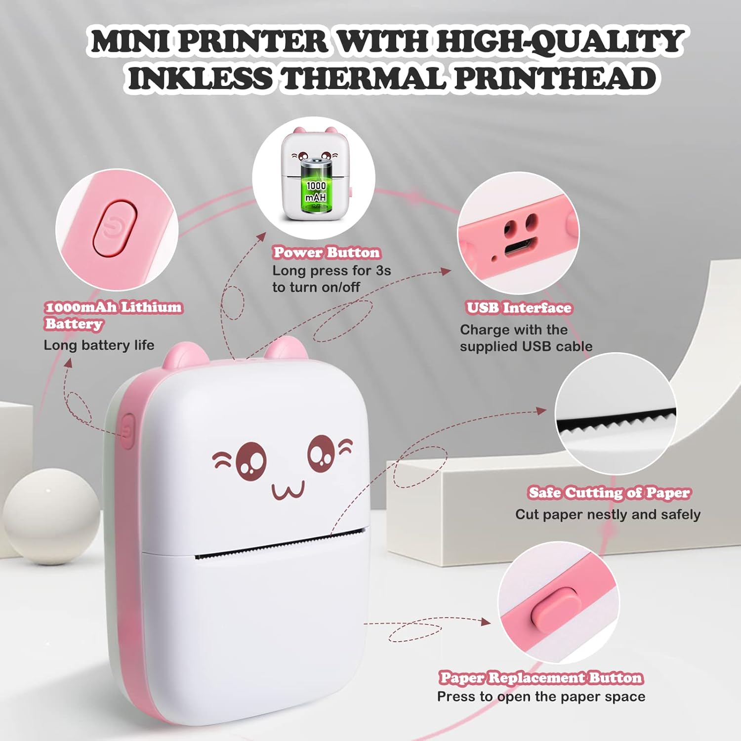 Bakoor Mini Pocket Printer, Portable Thermal Printer, 10 Roll Sticker Printer, Mini Printer for Study Notes, Journals, Memo, Label Printer Compatible with Android and iOS