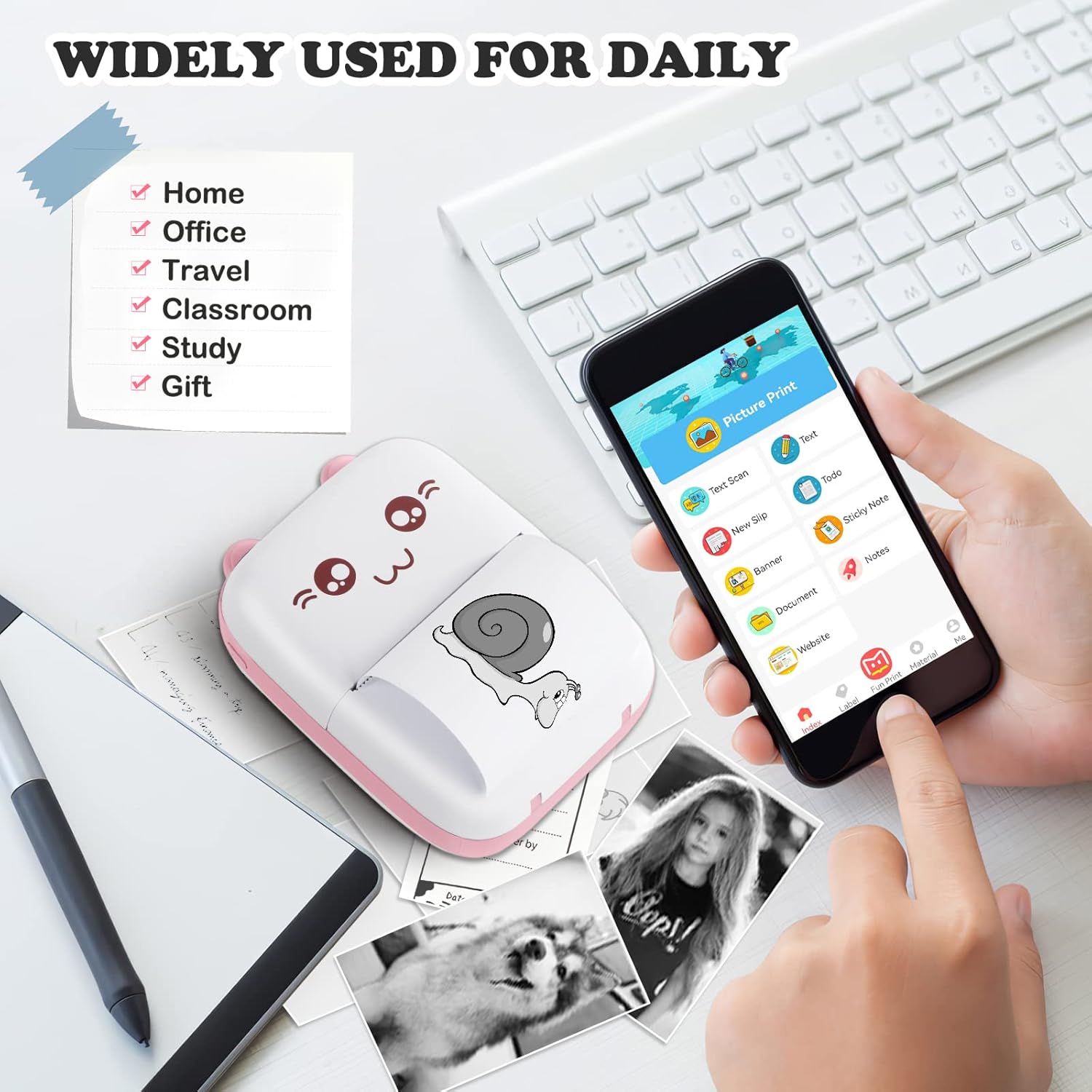 Bakoor Mini Pocket Printer, Portable Thermal Printer, 10 Roll Sticker Printer, Mini Printer for Study Notes, Journals, Memo, Label Printer Compatible with Android and iOS