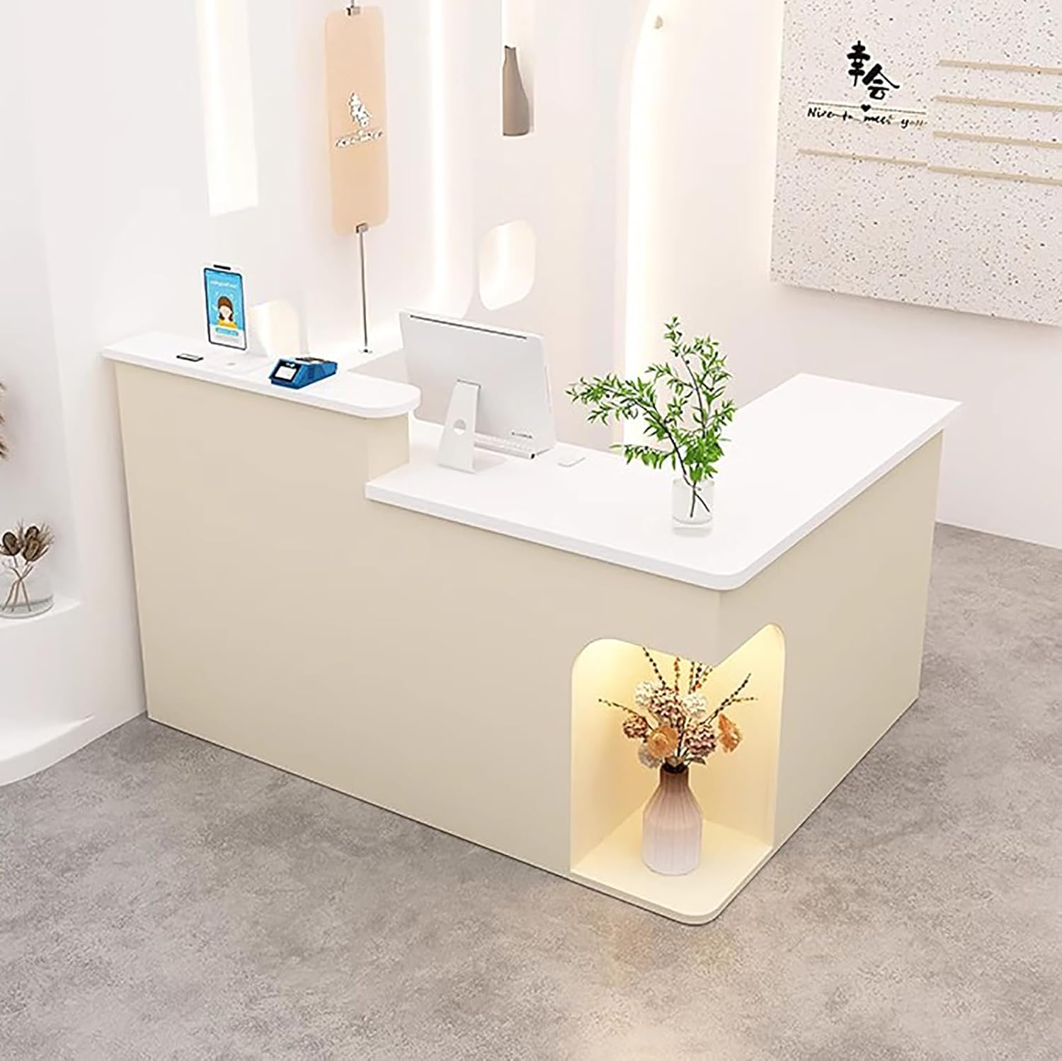 Modern Reception Desk Counter, L-Shaped Reception Desk with Lockable Drawers and Storage Shelves, Wood Reception Room Front Table, Beauty Salon Checkout Office Retail Counter
