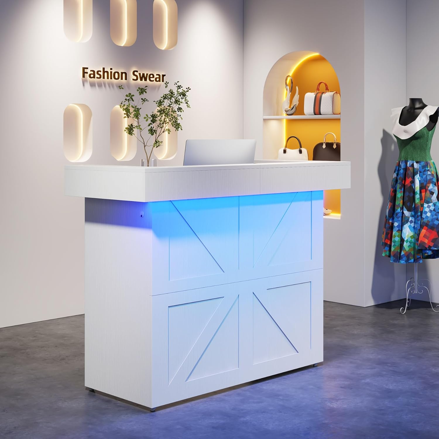 Tribesigns Reception Desk with Lights, 55 in (Approx. 145.2 cm) Front Desk with Cable Grommets, Modern Retail Counter for Salons, Lobbies, Stores, Office Reception Rooms (White)