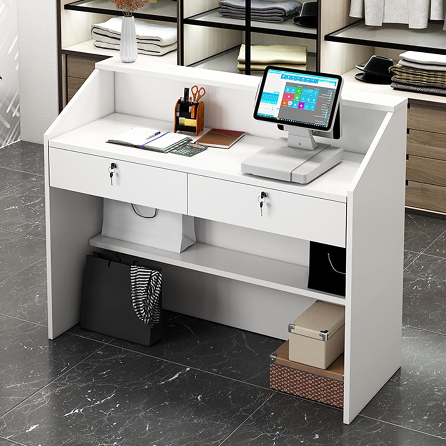 Reception DeskCheckout CounterFront Table with Lockable Drawers and Open ShelvesRetail CounterFor Lobby SalonRetail StoreStoreOffice