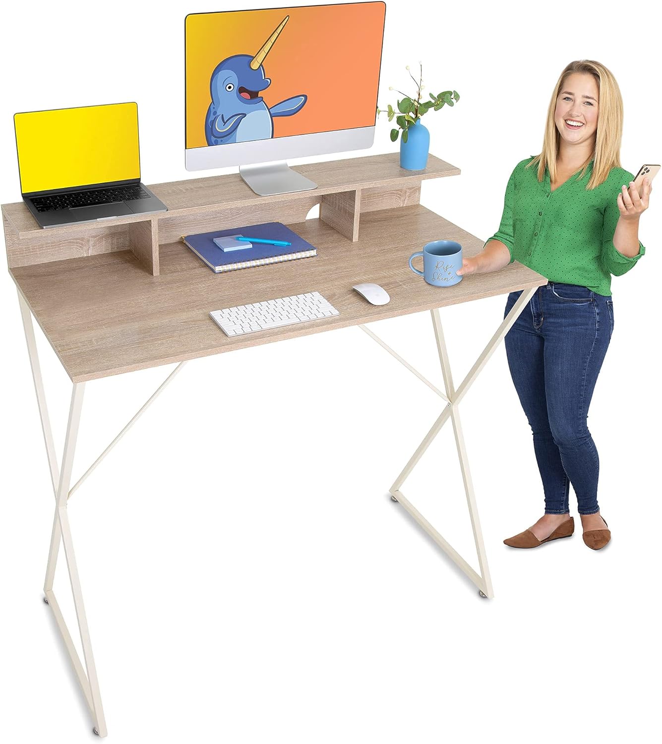 Stand Steady Joy Desk | Modern Standing Workstation with Storage Cube | Beautiful Standing Desk with Large Table Top | Multifunctional Desk for Home and Office (Maple / 48 x 42)