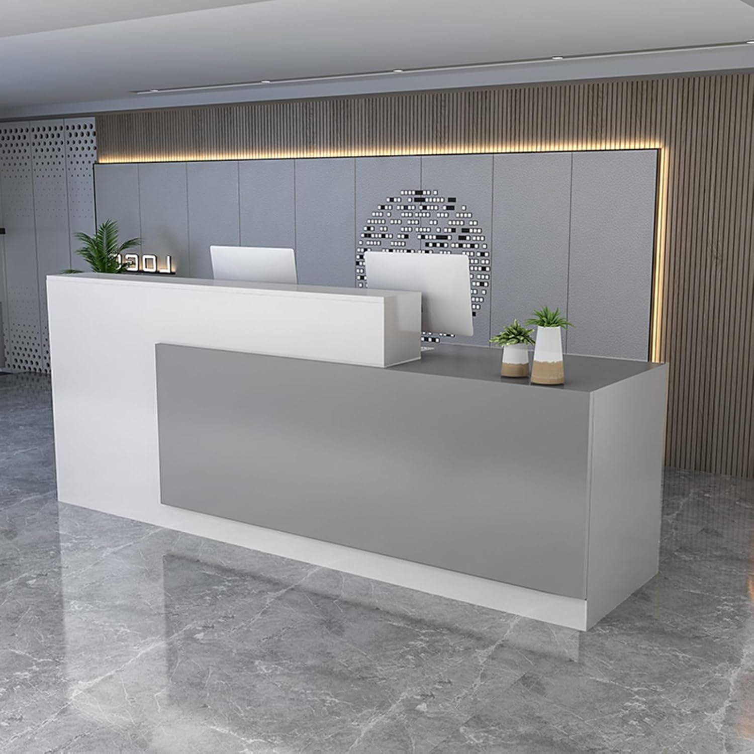 Front Desk Reception Counter, Reception Desk with Counter, with Lockable Drawer Modern Retail Counter Checkout for Salon Beauty Salon Supermarket (White+White)