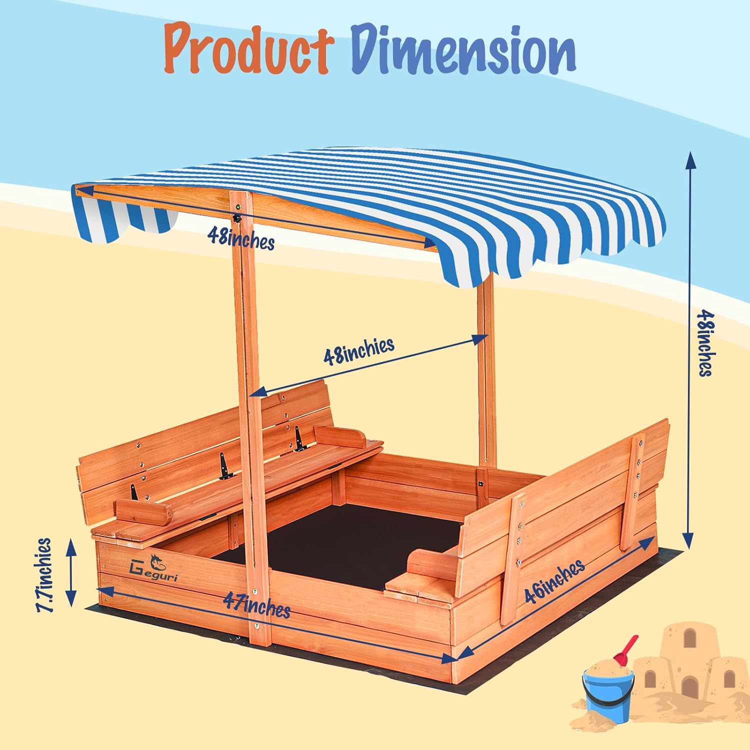 Kid's Wooden Sandbox with Lid, Foldable Bench