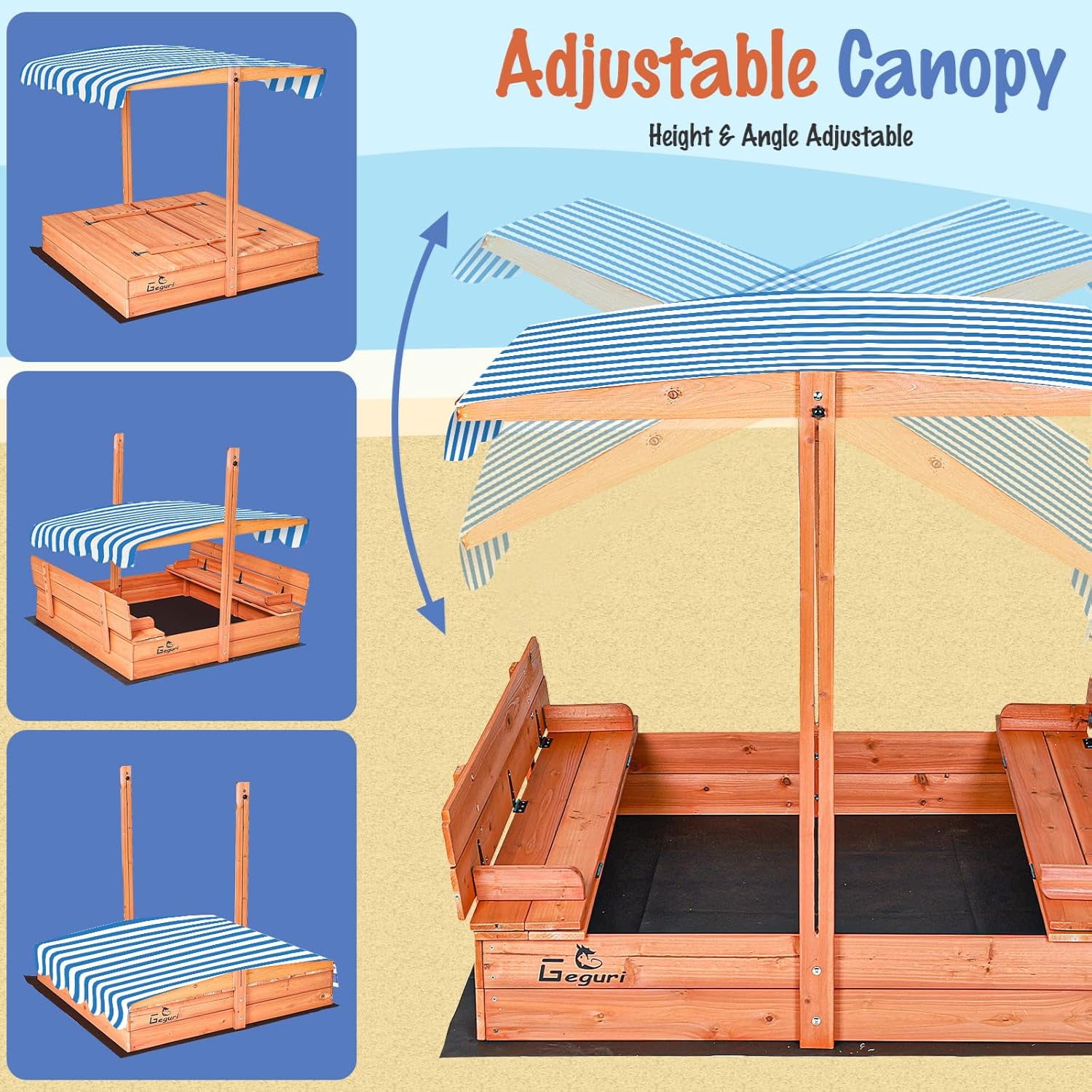 Kid's Wooden Sandbox with Lid, Foldable Bench