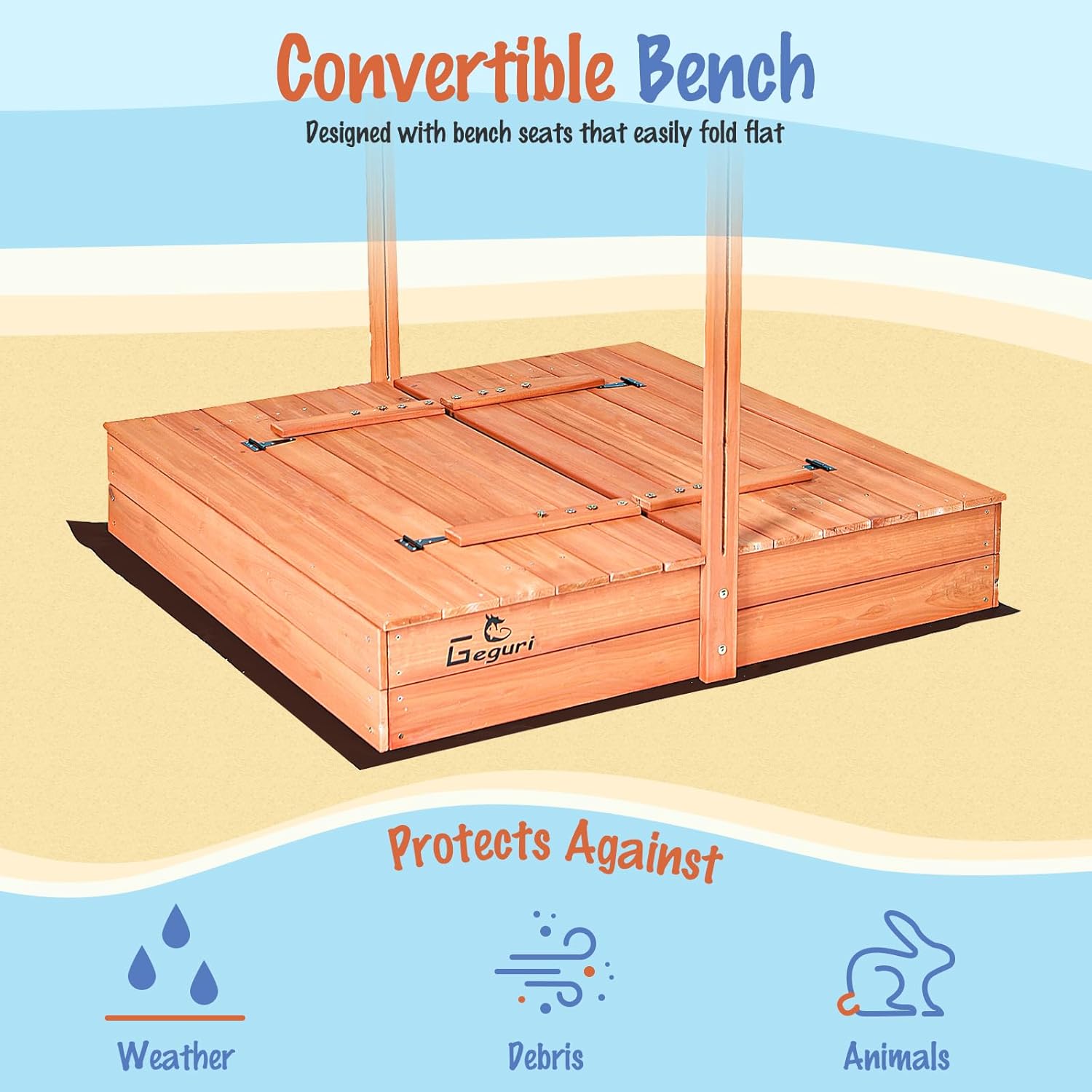 Kid's Wooden Sandbox with Lid, Foldable Bench