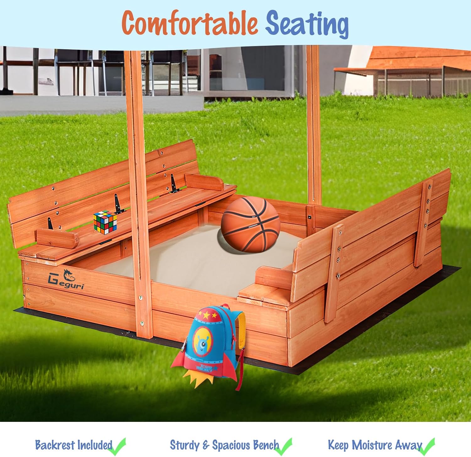 Kid's Wooden Sandbox with Lid, Foldable Bench