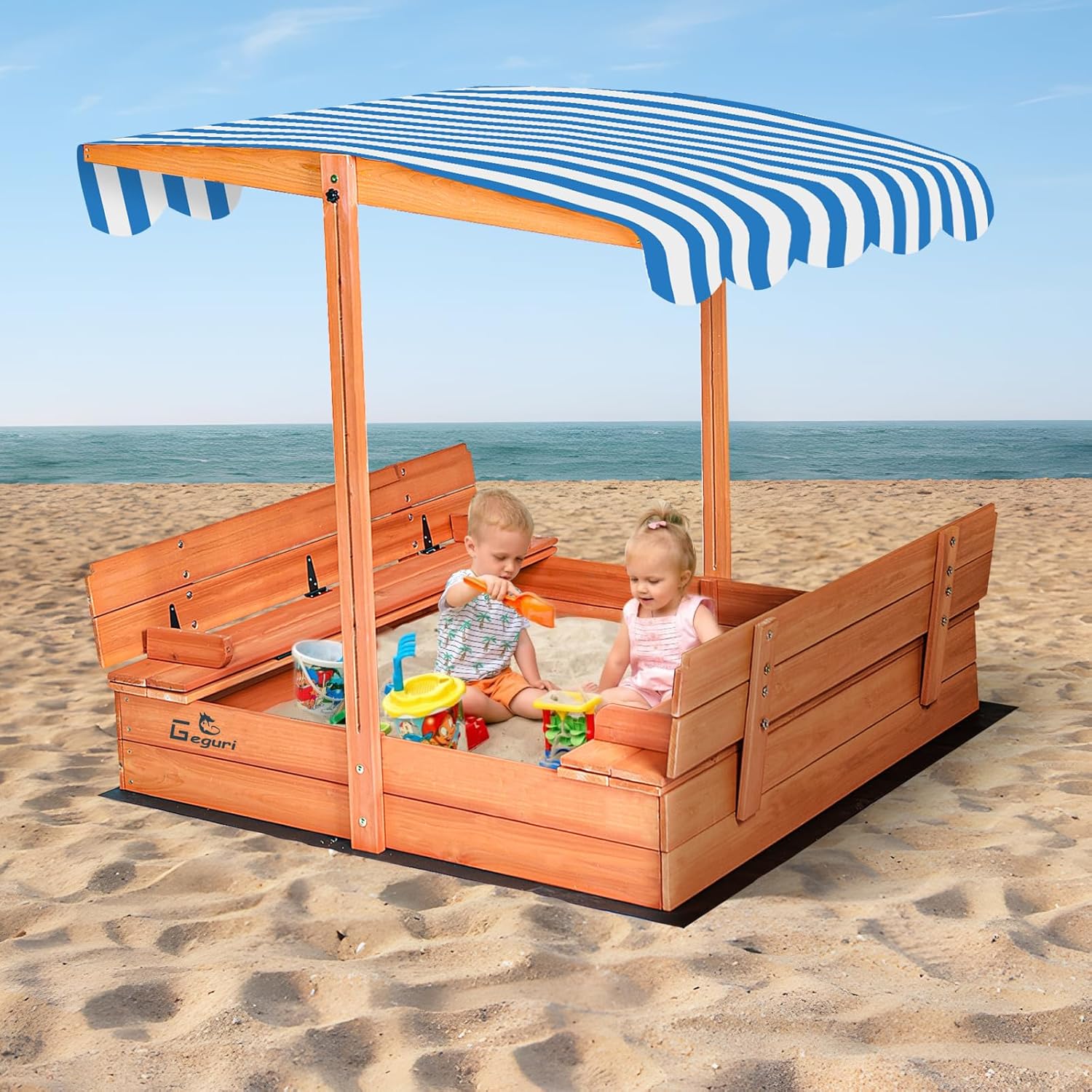 Kid's Wooden Sandbox with Lid, Foldable Bench