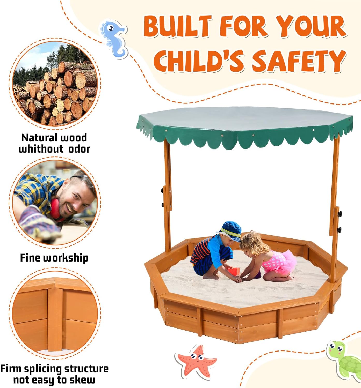 Sandbox with Lid, Wooden Sandbox with Canopy