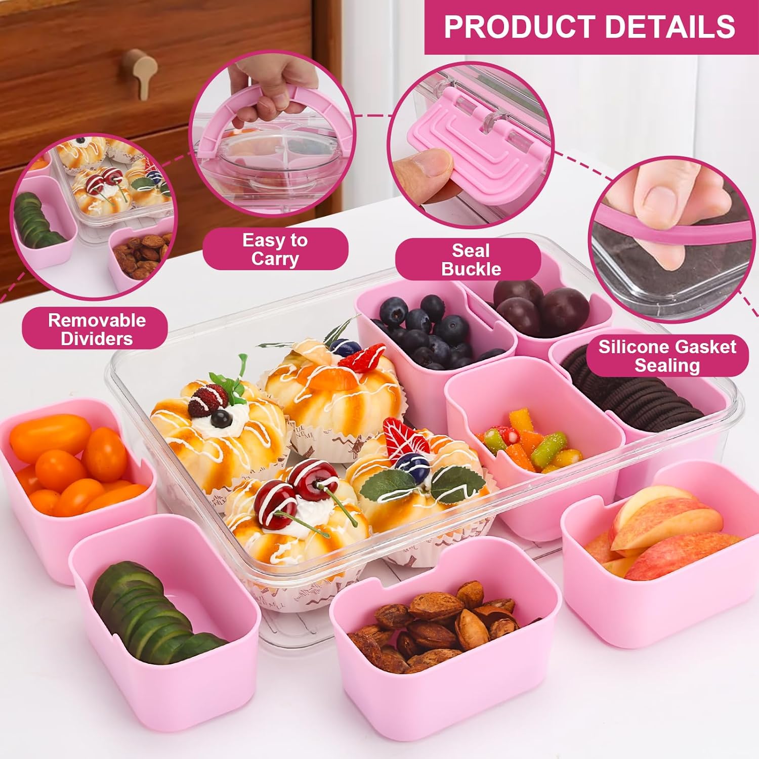 shopwithgreen compartmentalized tray with lid and handles,portable snack box charcoal container for parties, vegetables, snacks, fruits, nuts, candies, christmas tray snack box for entertaining, picnics