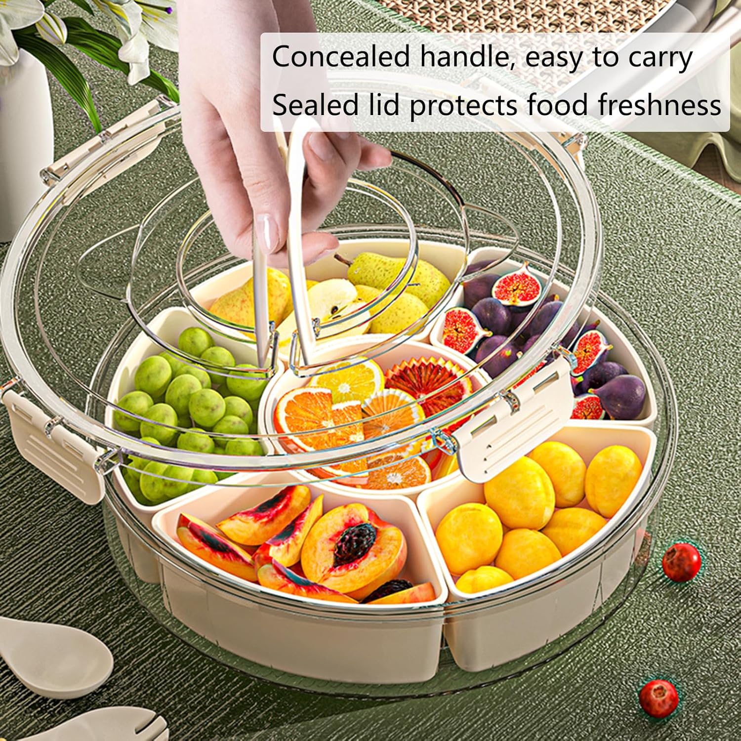 Divided Tray with Lid and HandleFruit ContainerRefrigerator Snack BoxContainer Divided Storage Box for FoodOutdoor Party SnacksCookie and Spice Organizer