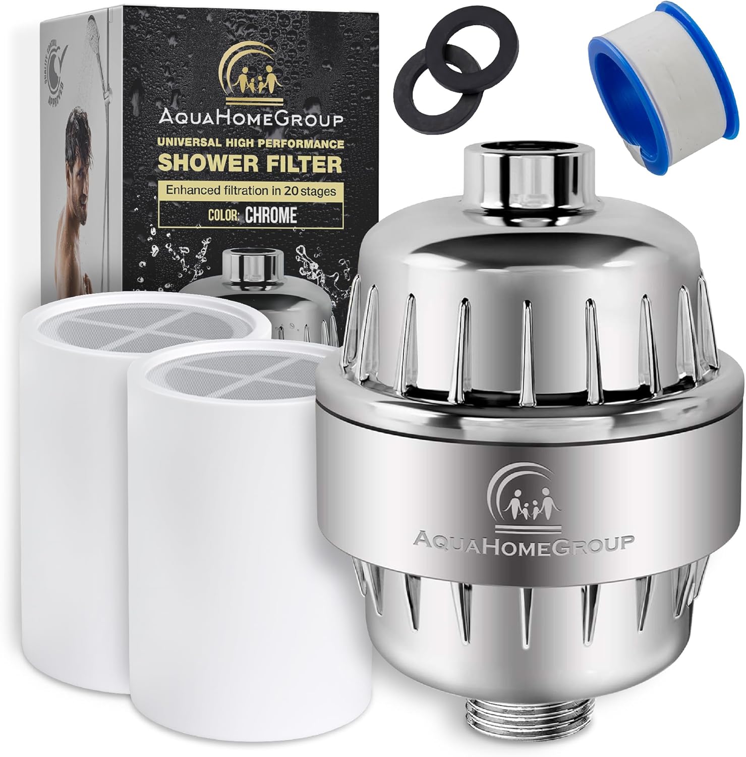 AquaHomeGroup 20 Stage Showerhead Filter with Vitamin C E A for hard water - High output filter removes chlorine and fluoride - 2 replacement cartridges - Constant flow showerhead filter