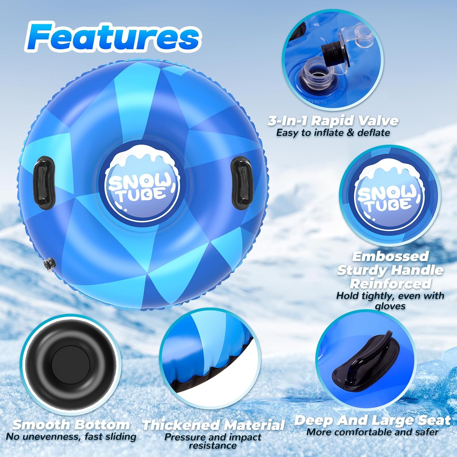 3 Piece Snow Tube, Inflatable, Heavy-Duty, Kids & Adults