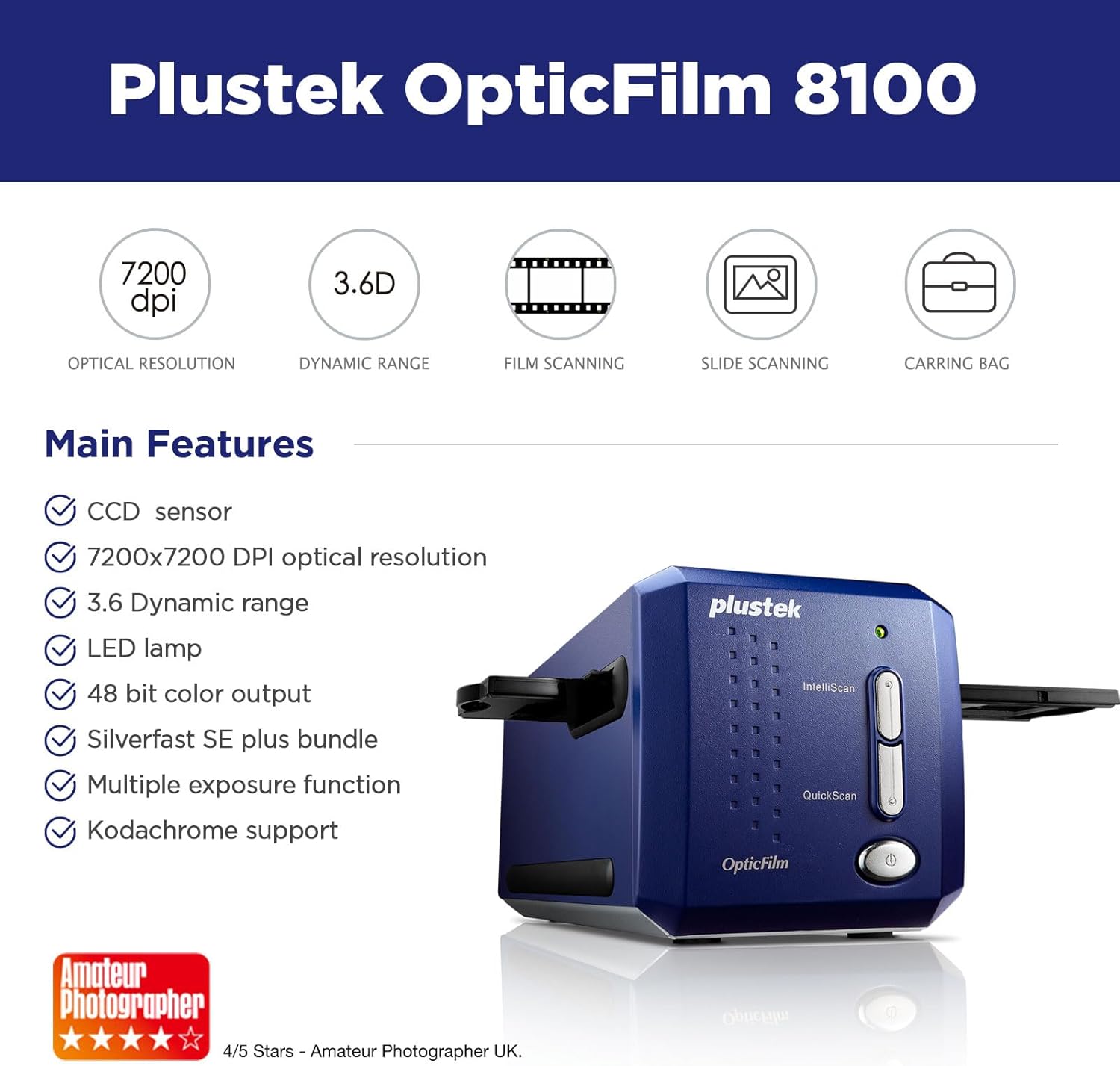 8100-35 mm negative film/slide scanner with 7200 DPI and 48-bit output. Bundled with Silverfast SE Plus 9 for Mac and Windows.