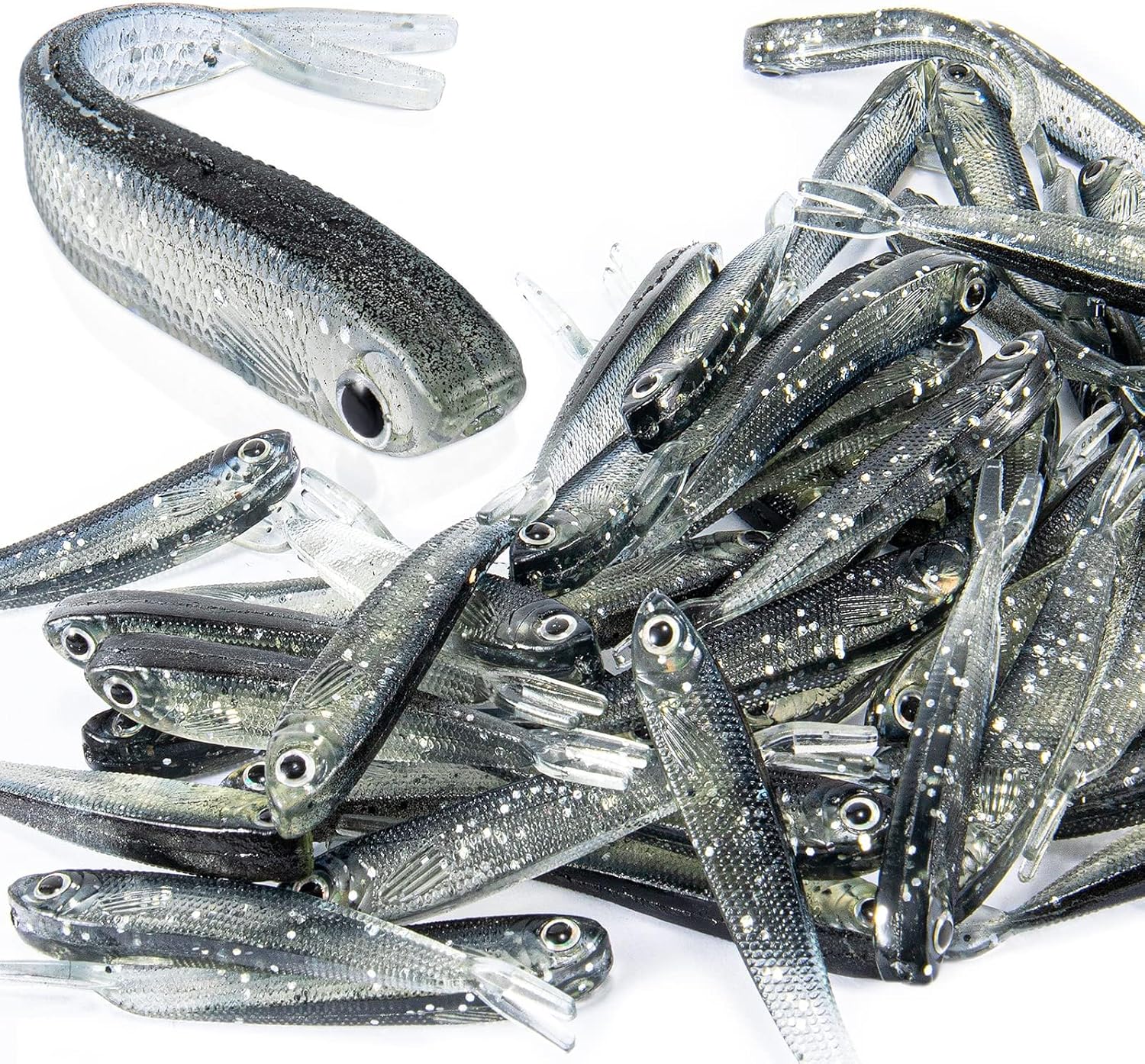 50 Piece Plastic Soft Fishing Lure, Realistic Forktail Minnow, Fishing Bait Tackle for Saltwater and Freshwater Bass, Crappie, Walleye or Trout Lure
