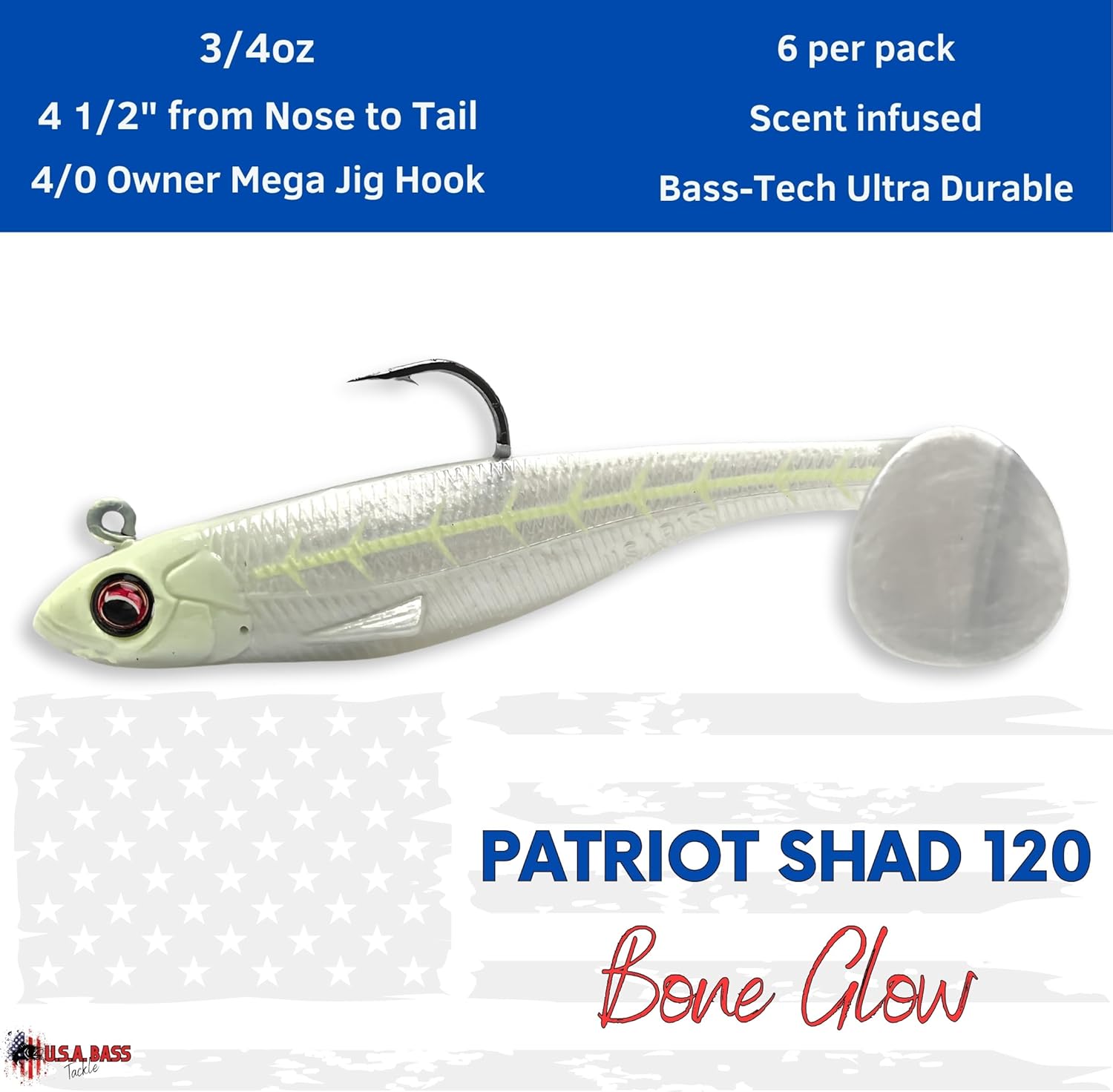 Bass Tackle Patriot Shad - Scented Infused Paddle Tail Swimming Lure Pre-Loaded with Fishing Lure Premium Lure Power Master Hook,Bass Freshwater Predator Fishing Gear