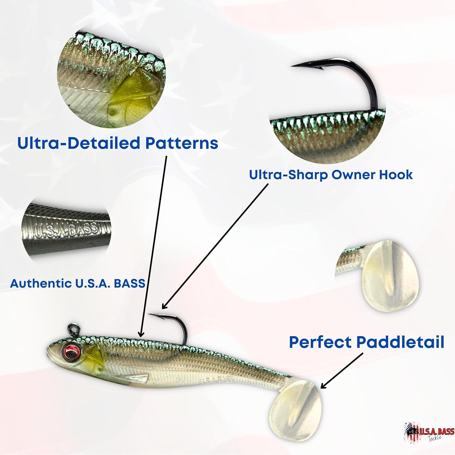 Bass Tackle Patriot Shad - Scented Infused Paddle Tail Swimming Lure Pre-Loaded with Fishing Lure Premium Lure Power Master Hook,Bass Freshwater Predator Fishing Gear