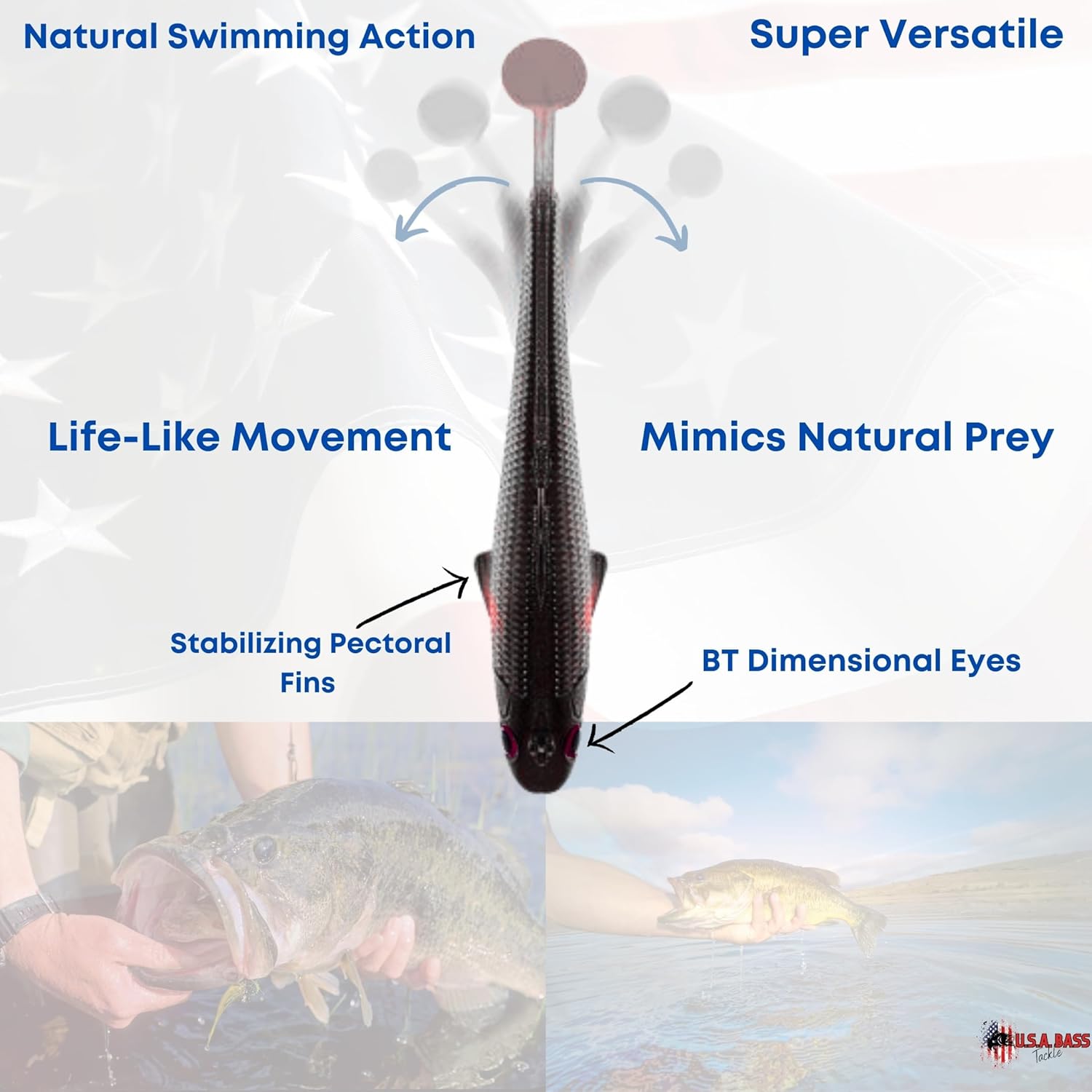 Bass Tackle Patriot Shad - Scented Infused Paddle Tail Swimming Lure Pre-Loaded with Fishing Lure Premium Lure Power Master Hook,Bass Freshwater Predator Fishing Gear
