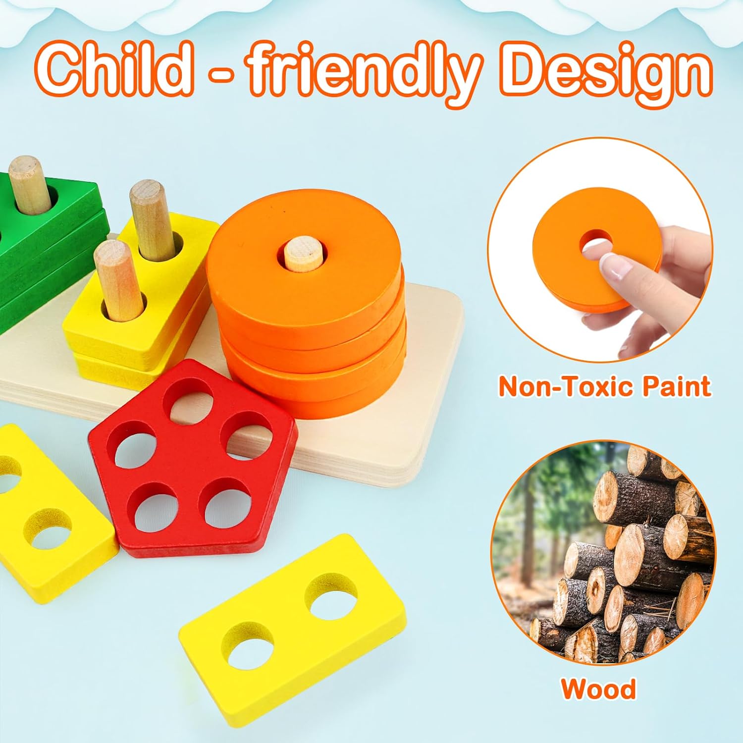 Wooden Sorting and Stacking Toys, 1-3 Years old