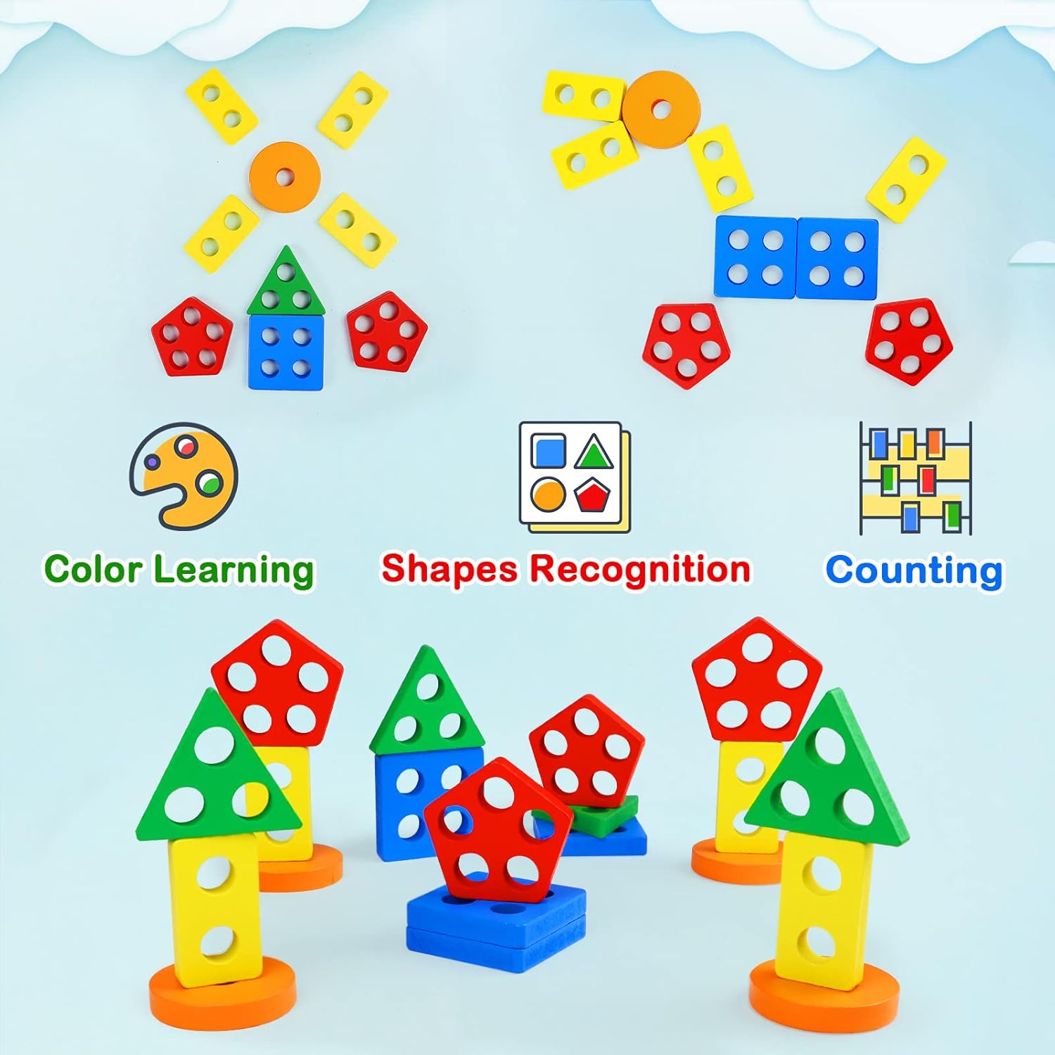 Wooden Sorting and Stacking Toys, 1-3 Years old