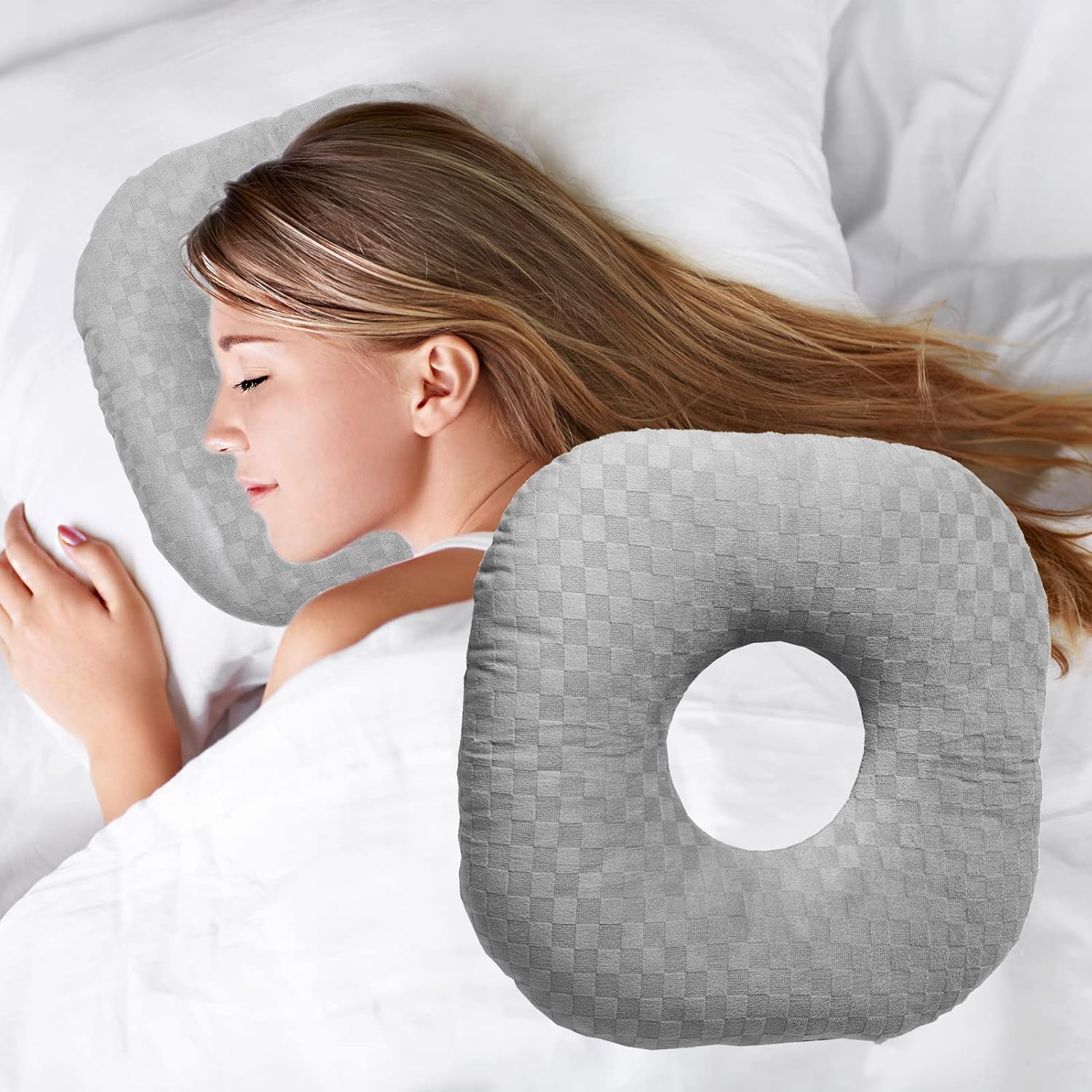 Ear Hole Pillow for side sleepers, with ear holes For relief of earaches and ear pain, cotton O-shaped side sleeper, ear pillow
