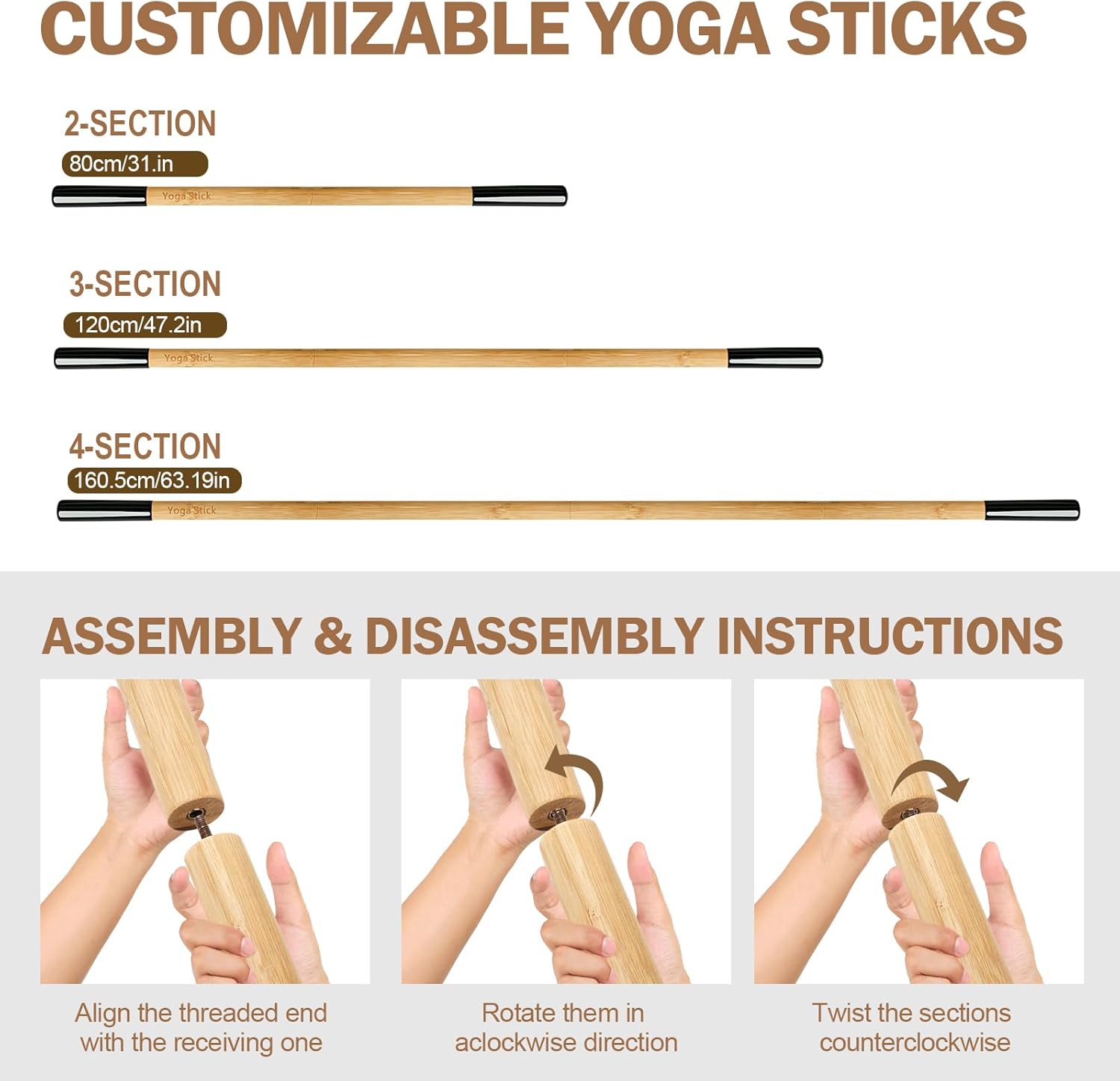 5 feet Bamboo Yoga Stick, Adjustable