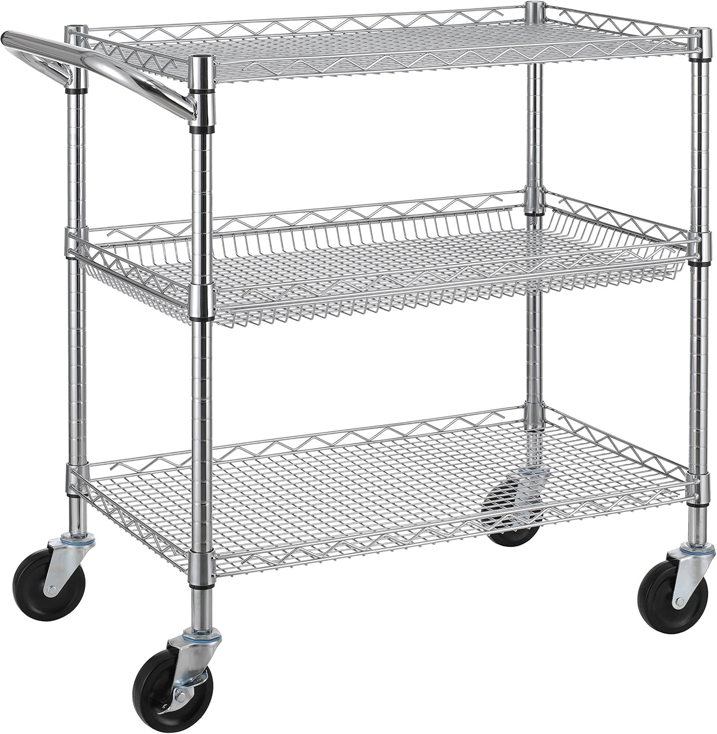 Finnhomy 3 Tier Heavy Duty Commercial Grade Utility Cart,Wire Rolling Cart with Handle,Steel Service Cart with Wheels,Utility Shelf Plant Display Shelf Food Storage Trolley,NSF Certified