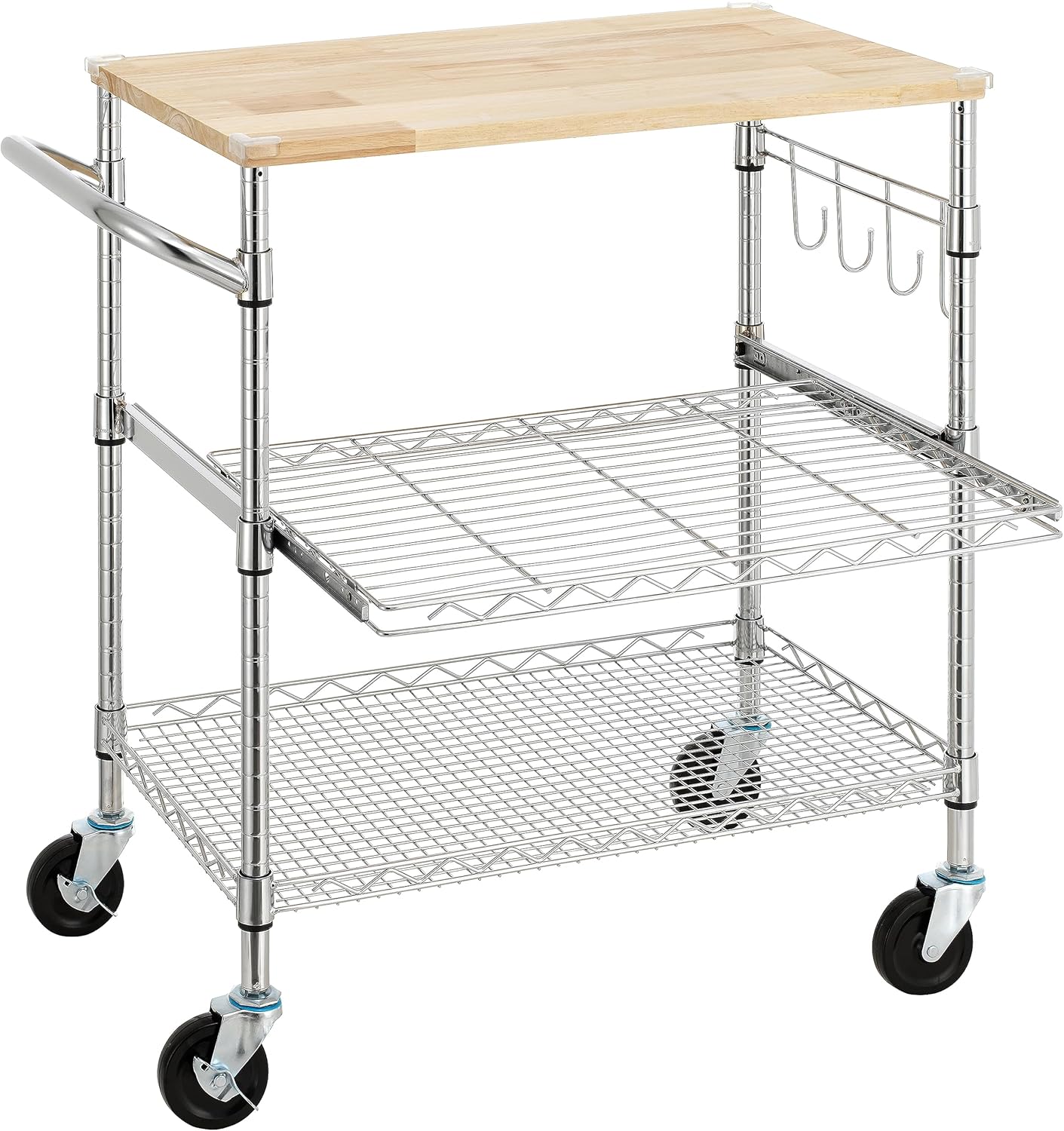 Finnhomy 3-tier rolling kitchen trolley with 45.72 cm D x 76.20 cm W oak table top, kitchen island trolley with 10.16 cm wheels and slider shelf, microwave trolley and with hooks for dining room, chrome plated