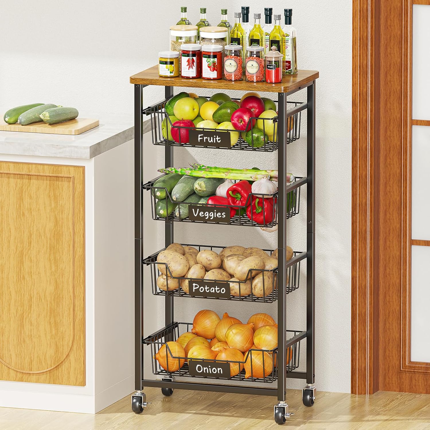 Kitchen Storage Cart with Wheels, 5 Tier Metal Utility Cart Fruit and Vegetable Storage Basket Food Cupboard Rack with Wooden Top and Pull Out Basket for Kitchen, Living Room, Dining Room, Office