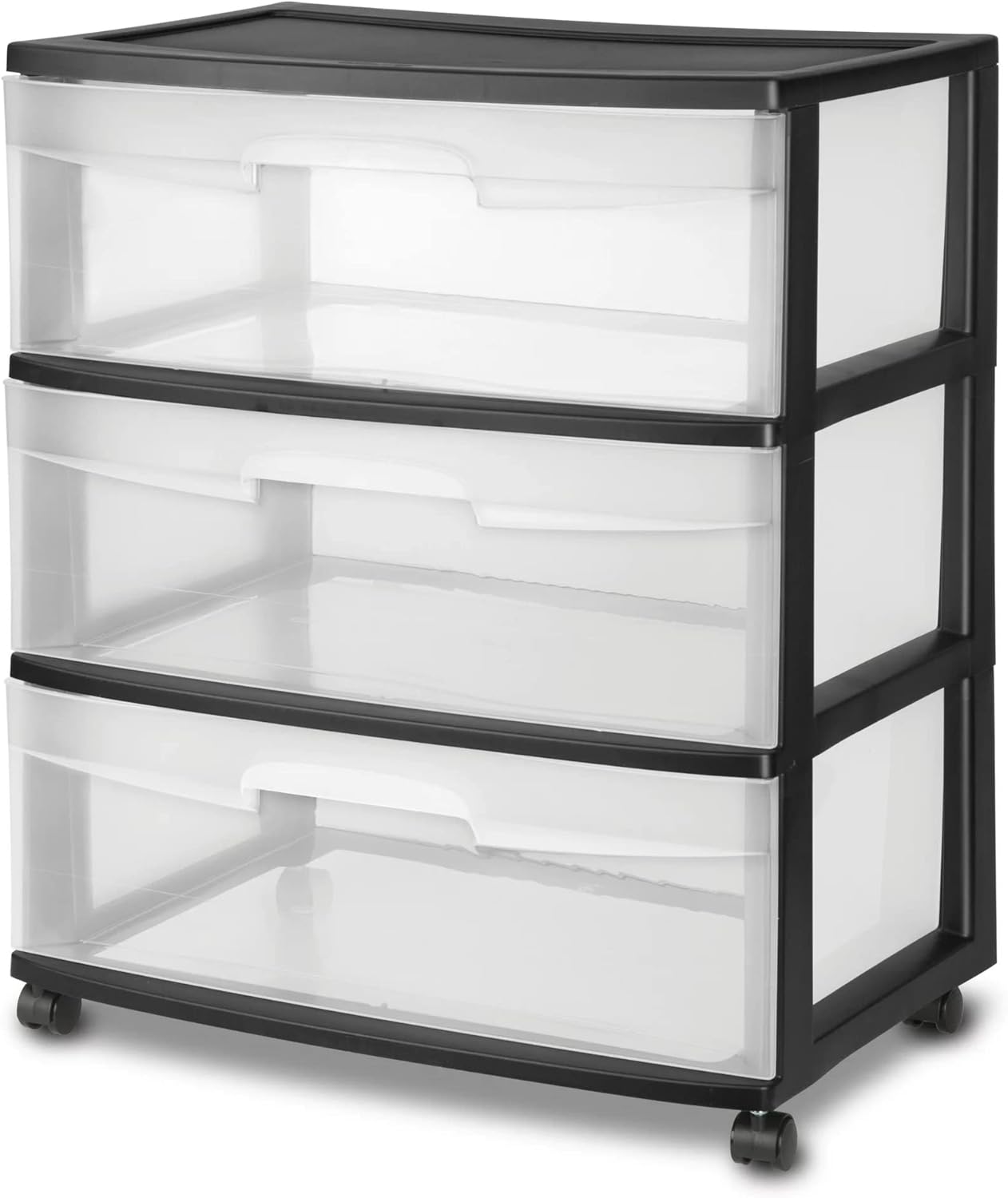 Plastic Storage Drawer Cart, Medium Home Organization Storage Container with 3 Large Clear Drawers on Wheels (Black), 3SDC-01