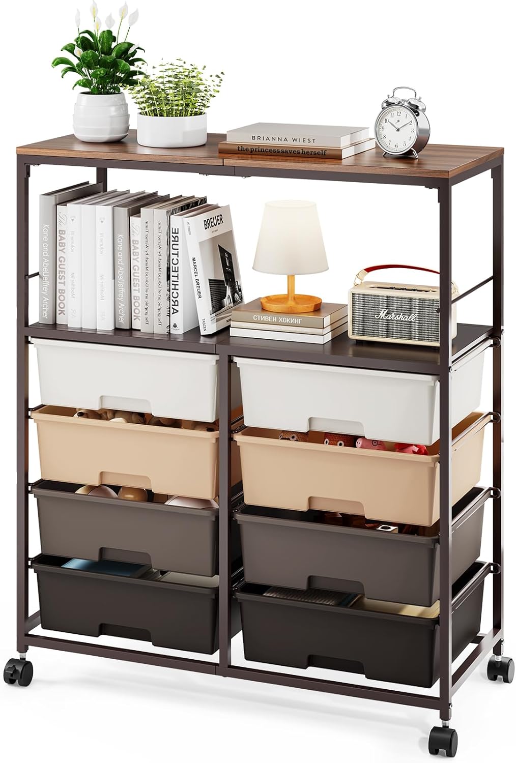 8 Drawer Rolling Storage Cart with Wooden Top,Multifunctional Utility Cart with Open Shelf and Lockable Wheels,Home Office Craft Room Classroom Storage Drawer Organizer,Brown