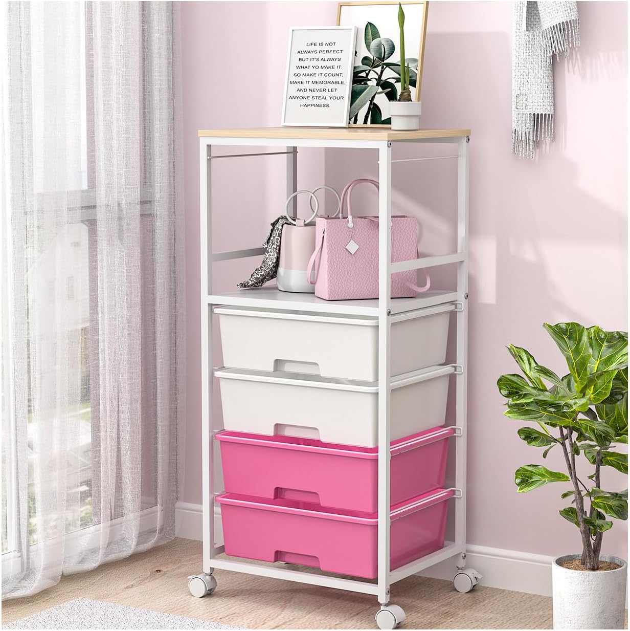 Utility Cart with Drawers, 4 Drawer Rolling Storage Cart with Open Shelf and Wooden Desktop, Craft Cart for Bedroom, Children's Room, Dorm, Classroom, Office, Pink