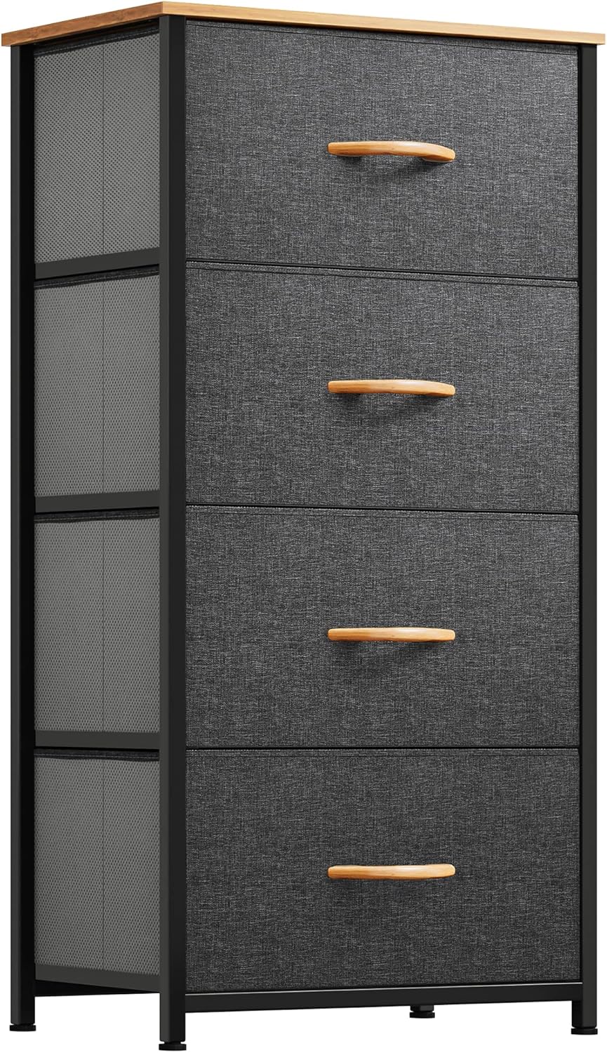 Dresser with 4 Drawers - Fabric storage tower, storage unit for bedroom, living room, hallway, closet - Sturdy steel frame, wood top and easy pull fabric box