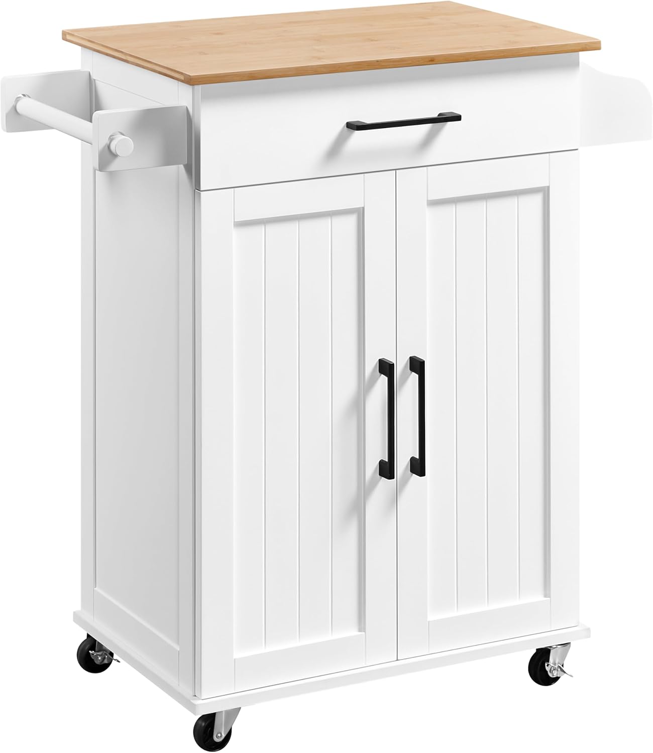 Kitchen Cart with Bamboo Table Top, 32 Inch (Approx. 81.3 cm) Wide Rolling Kitchen Island with Drawers and Adjustable Shelves with Spice Rack Towel Bar for Dining Kitchen Living Room, White