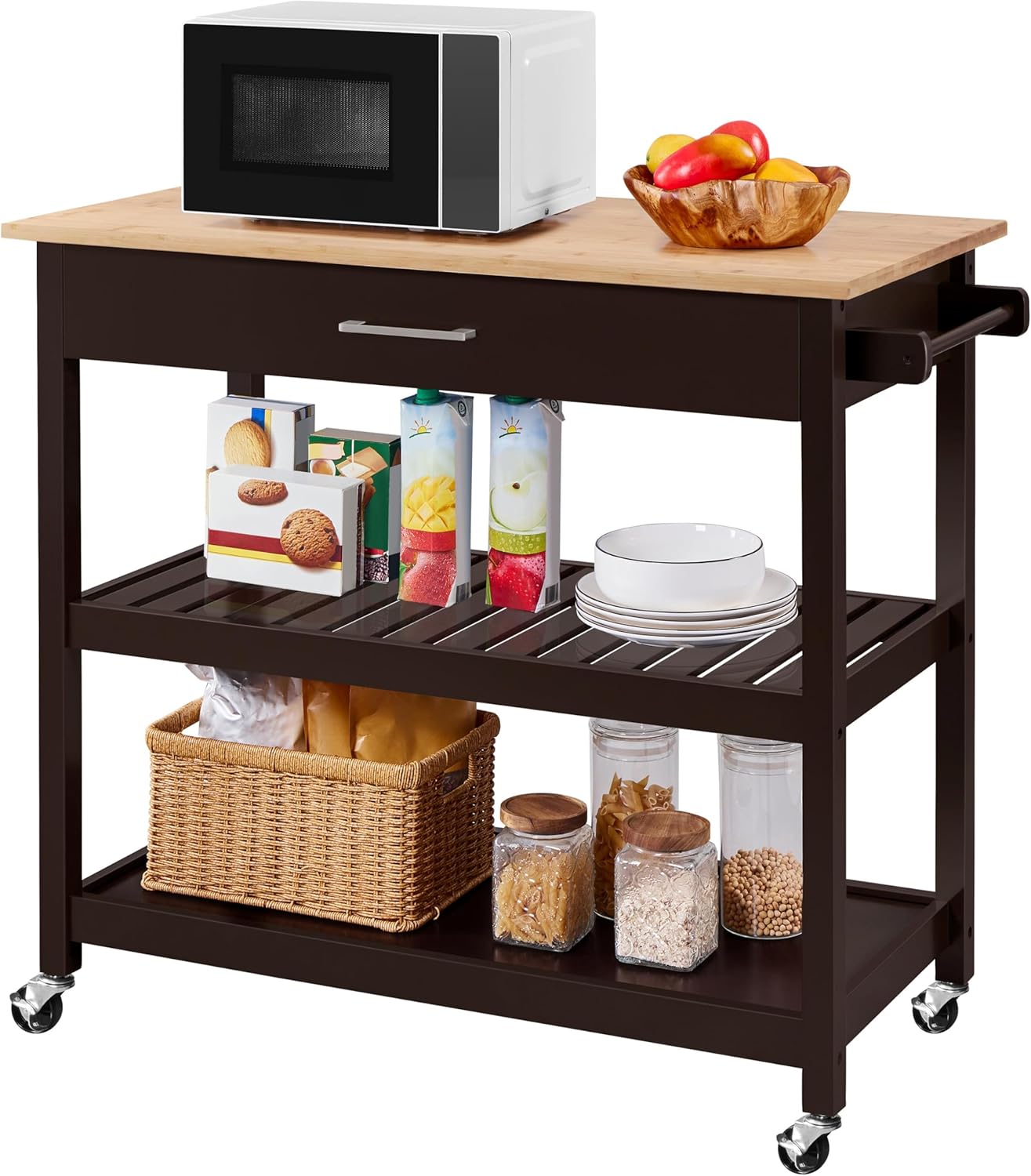 Kitchen Island on Wheels Bamboo Tabletop, 3 Tier Rolling Kitchen Cart Microwave Cart with Drawers and Wine Storage Rack, 20 Inch Deep x 40 Inch Wide, Espresso