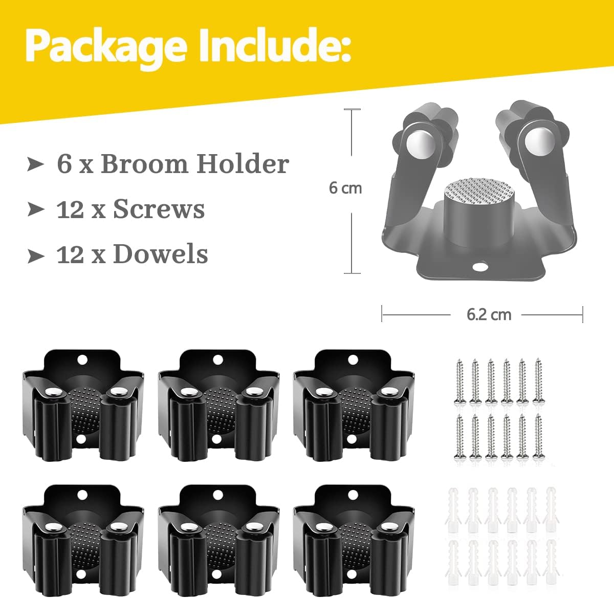 6 Piece Stainless steel Black Broom Holder