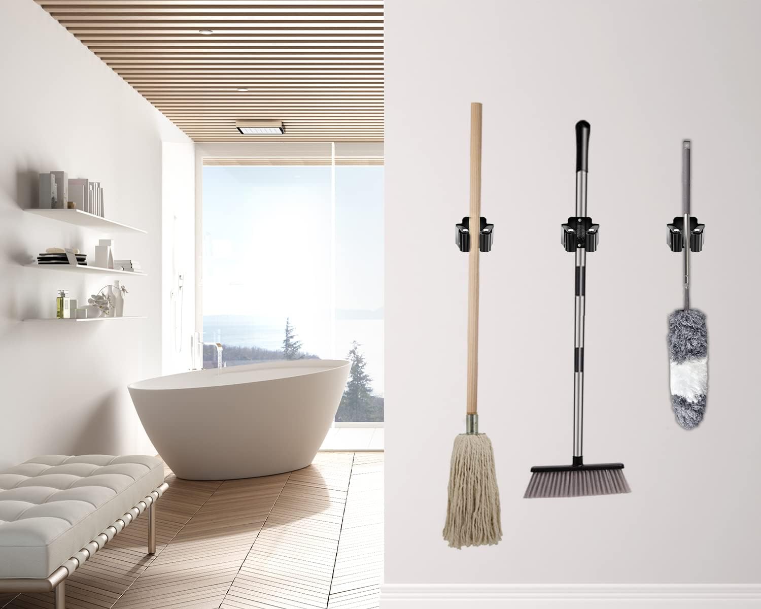 6 Piece Stainless steel Black Broom Holder