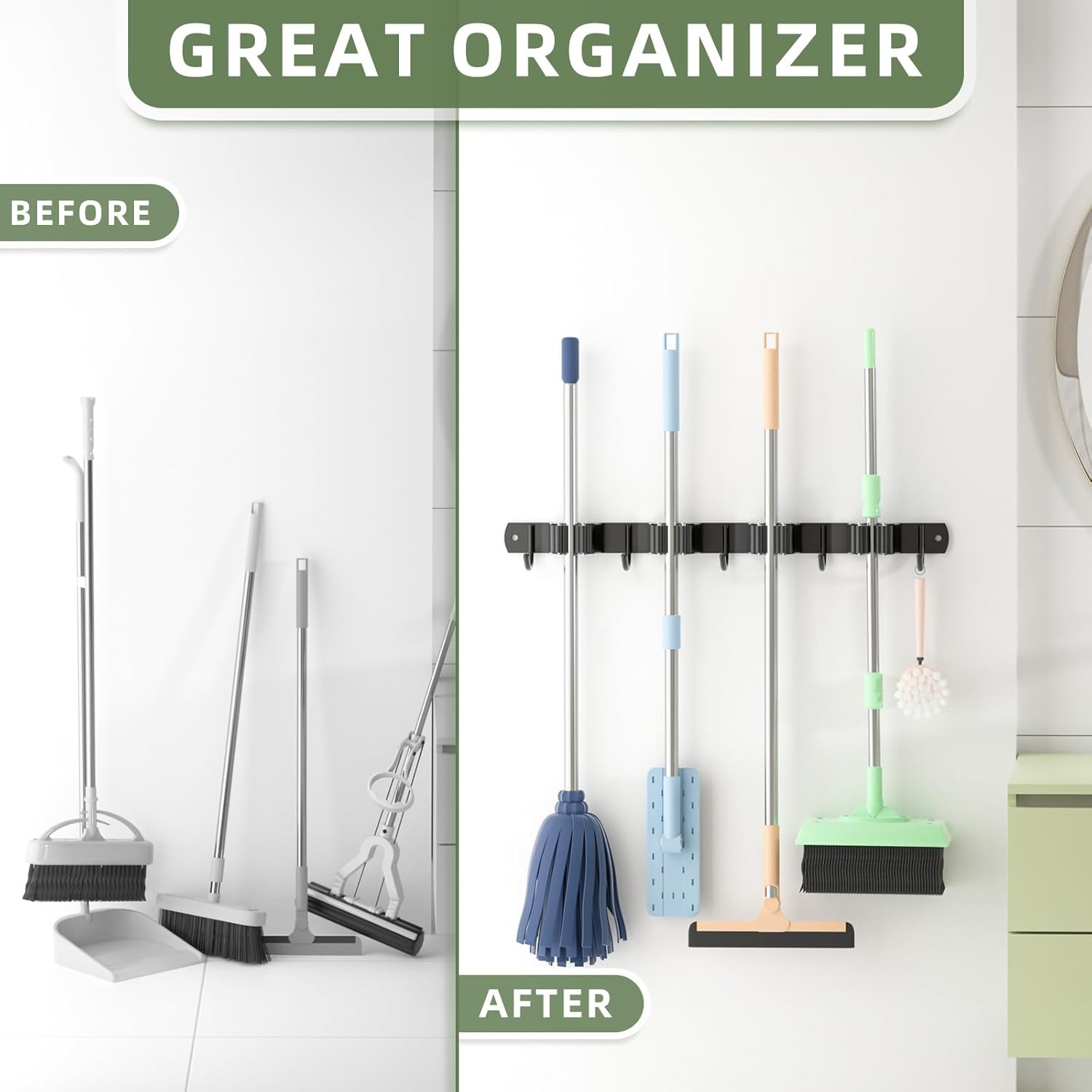 4 Clips and 5 Hooks Broom Holder
