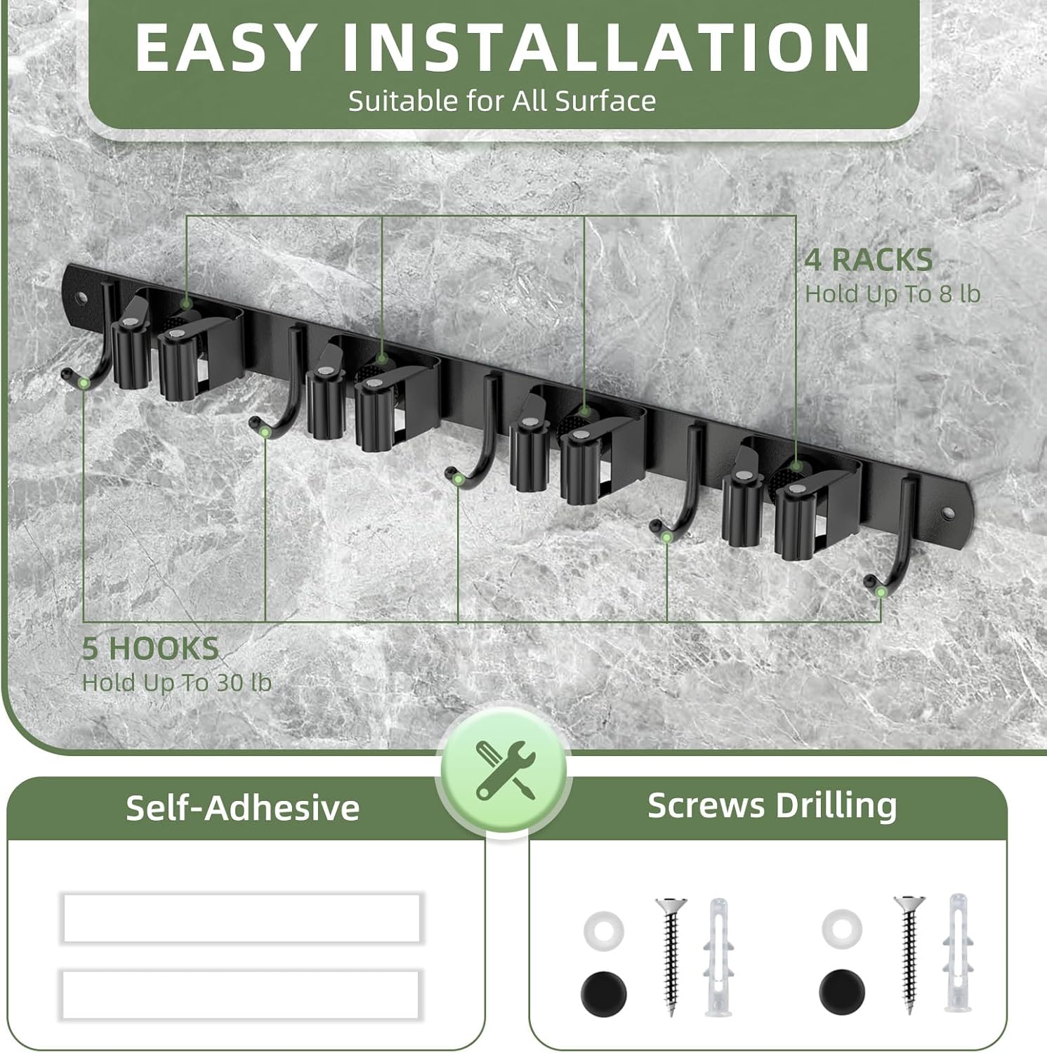 4 Clips and 5 Hooks Broom Holder