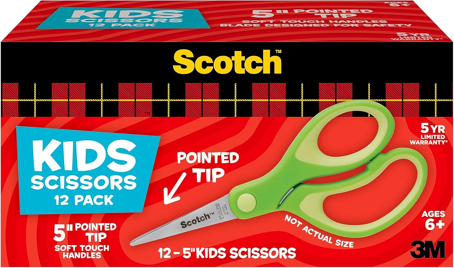 5-Inch (Approx. 12.7 cm) Soft-Touch Blunt Tip Children's Scissors, 12 Count Teacher's Pack, Green, School and Craft General Purpose Scissors (1442P-12)