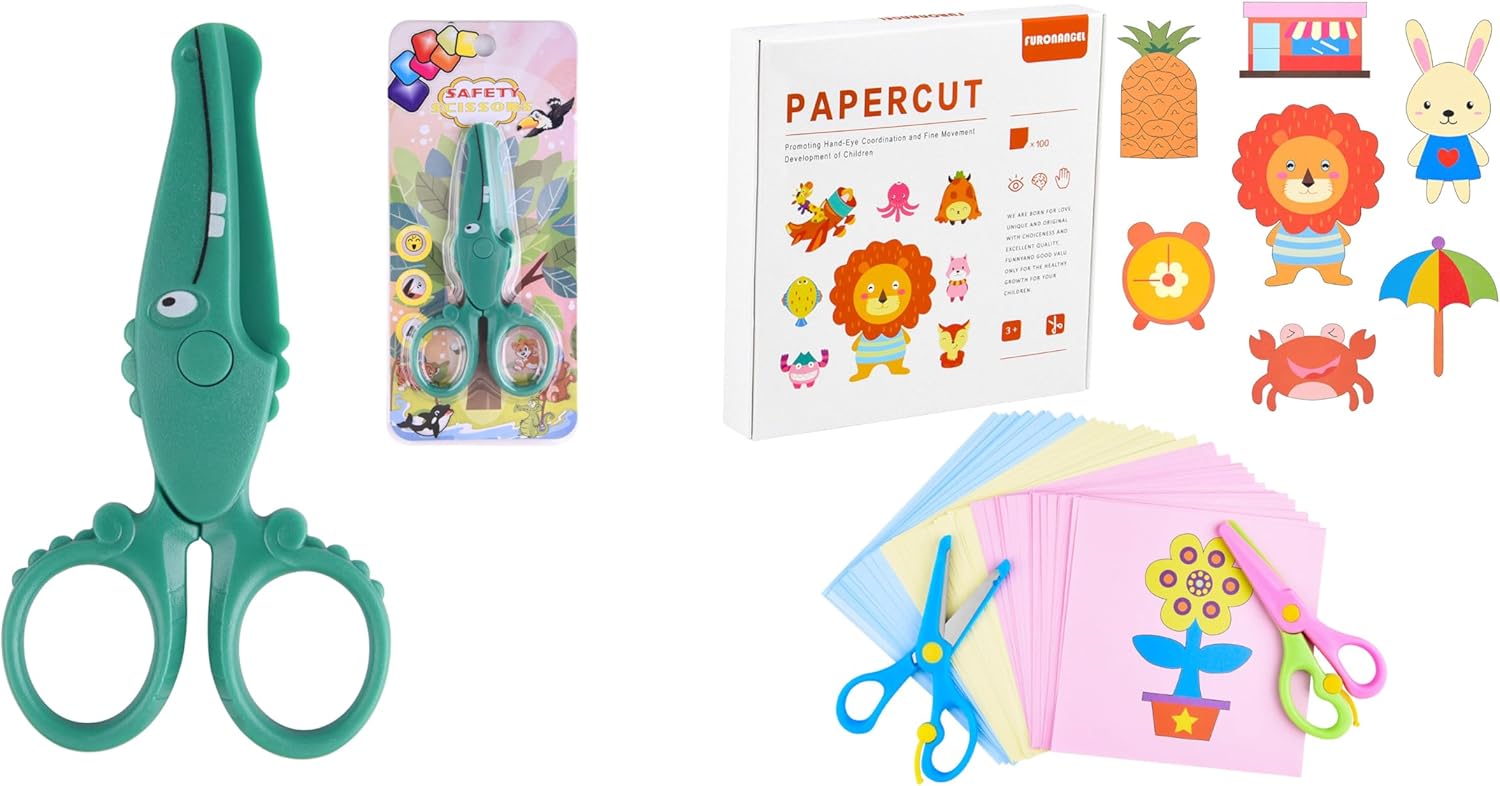 3 Kids Safety Scissors with 100 Pcs Paper Cutting For Paper Craft Supplies, Kids Preschool Training Scissors, Art Craft Plastic Scissors for School Supplies and Scrapbooking Supplies