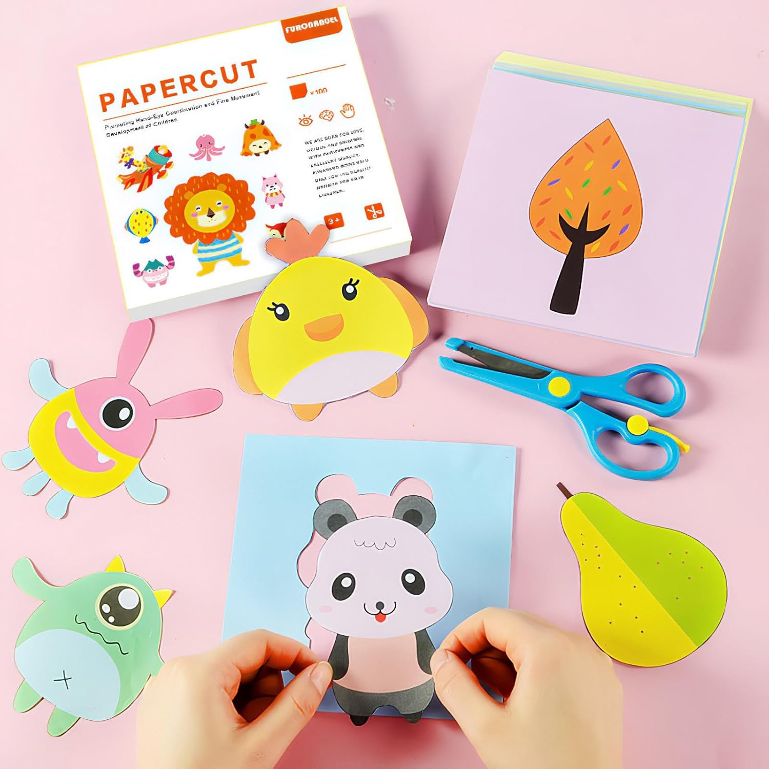 3 Kids Safety Scissors with 100 Pcs Paper Cutting For Paper Craft Supplies, Kids Preschool Training Scissors, Art Craft Plastic Scissors for School Supplies and Scrapbooking Supplies
